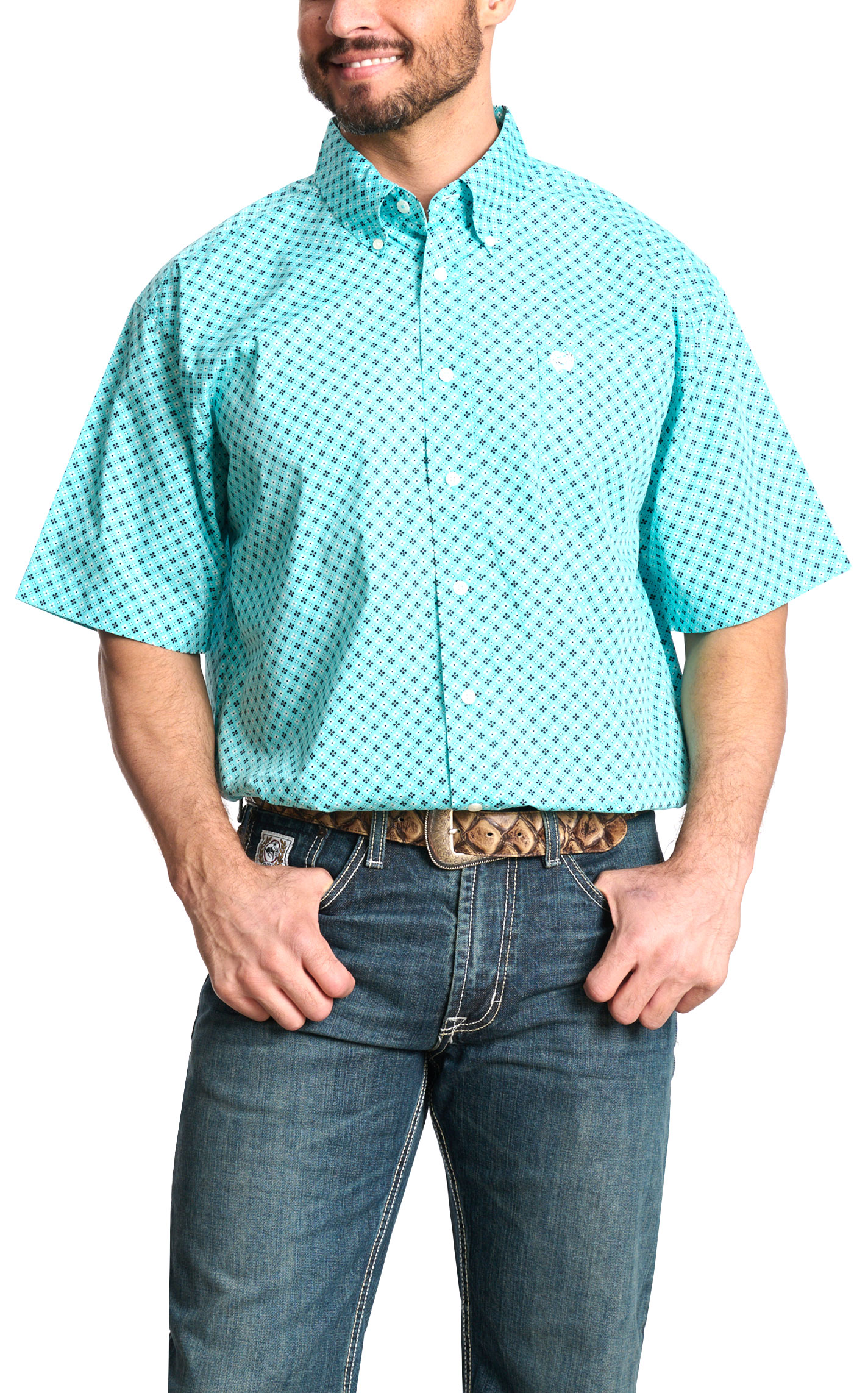 Cinch Men's Turquoise White & Navy Geo Print Western Shirt - Image 1