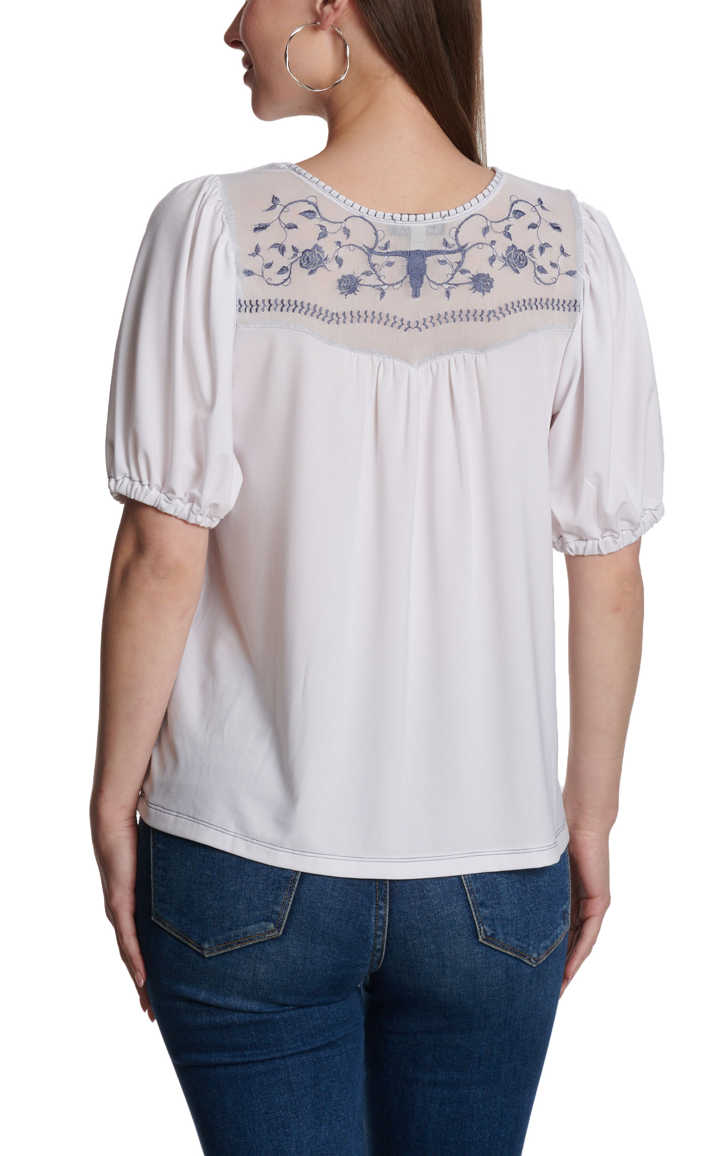 Cowgirl Hardware Women’s White Steer & Rose Embroidered Mesh Yoke Top - Image 1