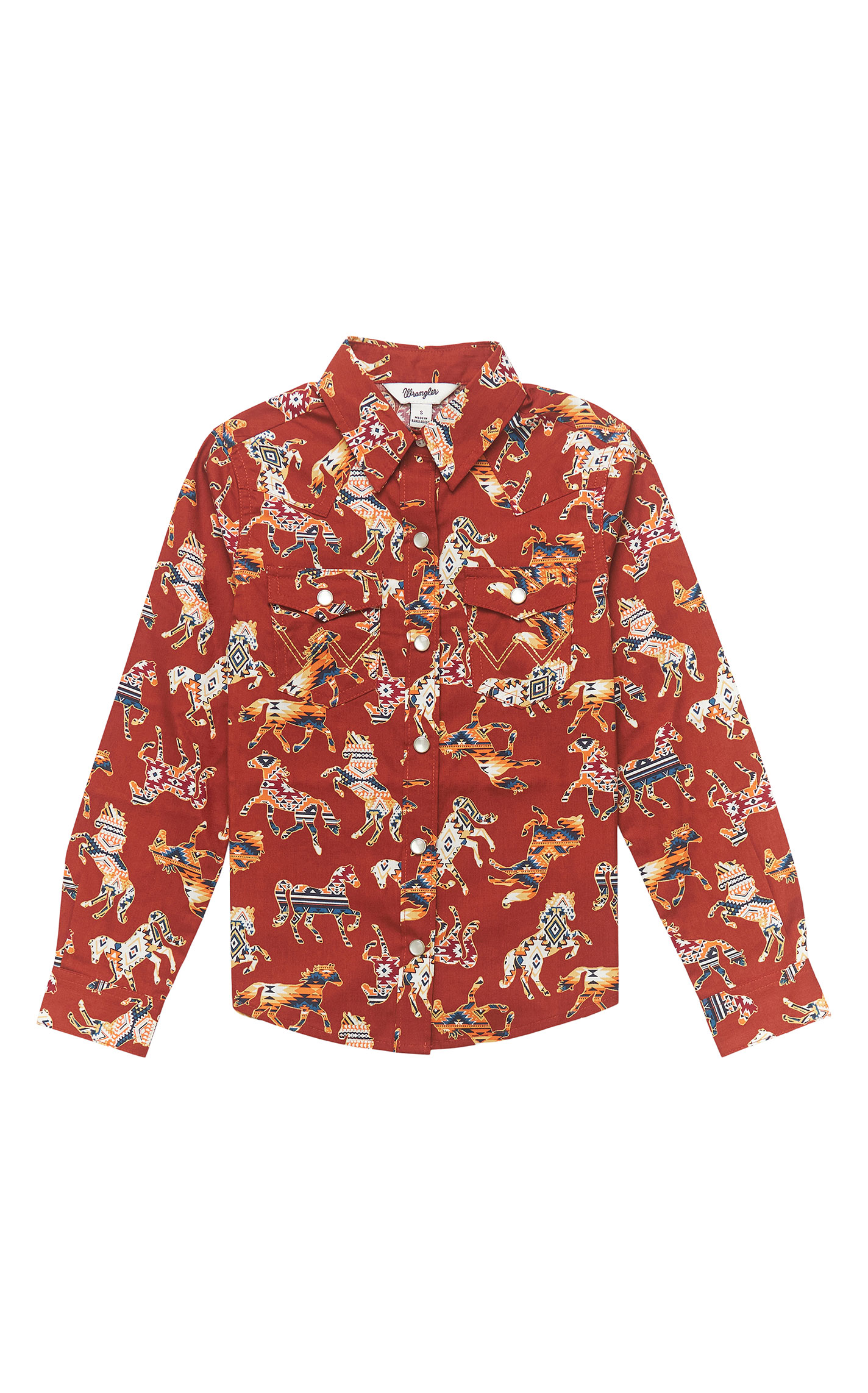 Wrangler Girl's Dark Red-Orange Colorful Aztec Horse Print Long Sleeve Top - Image 1