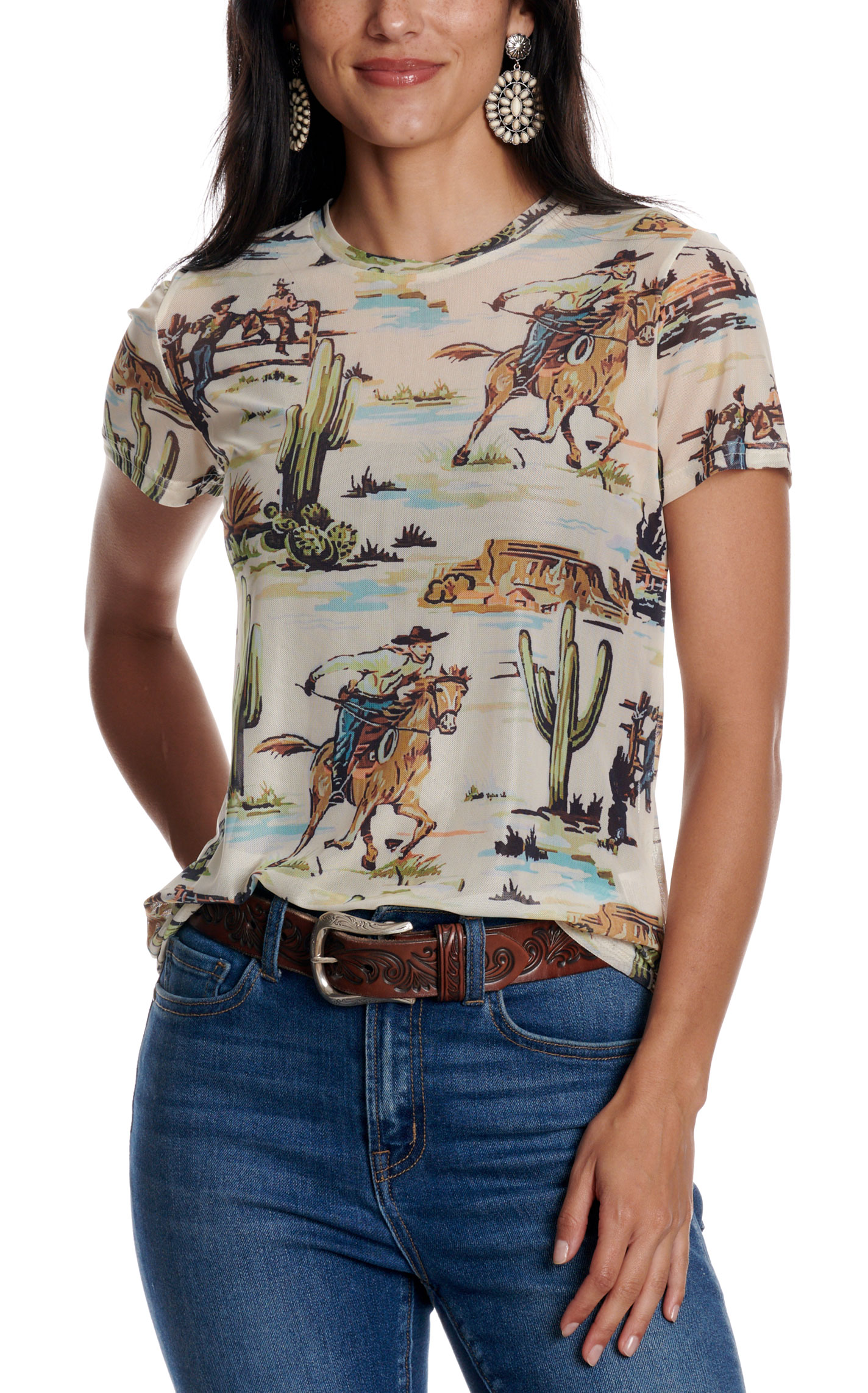 Fashion Express Women's Beige Cowboy Print T-Shirt - Image 1