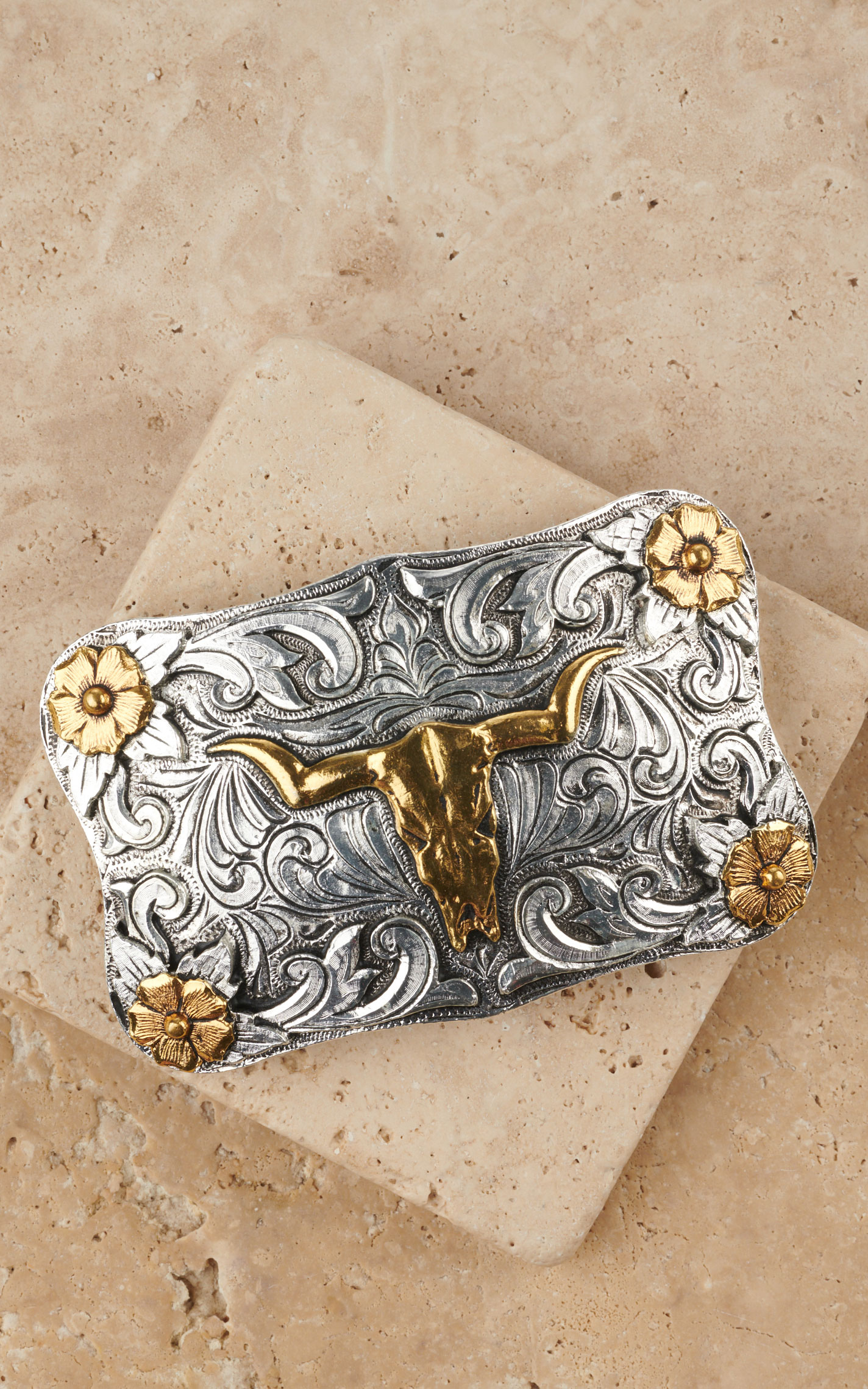 AndWest Men's Silver and Gold Skull and Etched Floral Scalloped Belt Buckle - Image 1