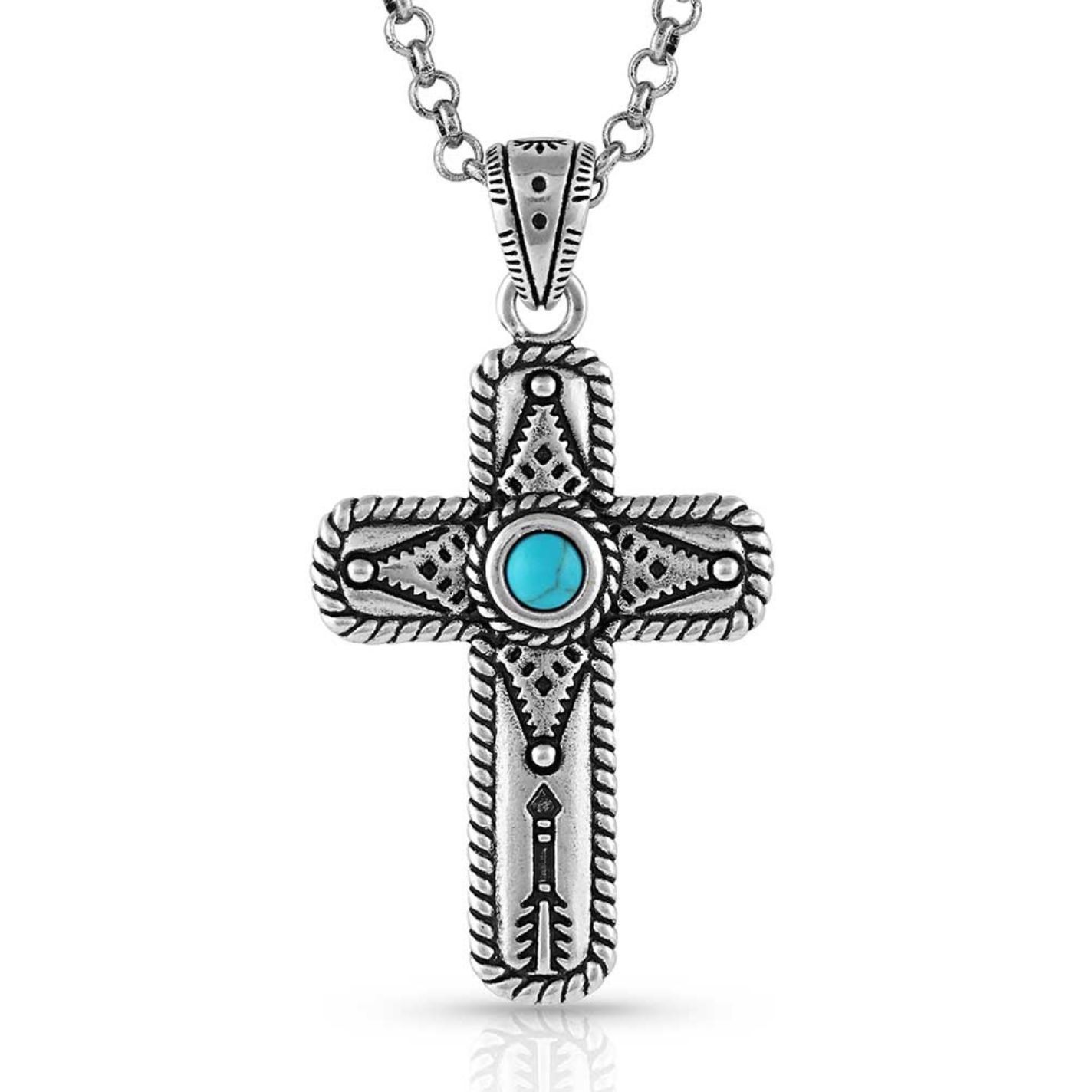 Montana Silversmiths Silver with Turquoise Stone Center Etched Cross Necklace - Image 1