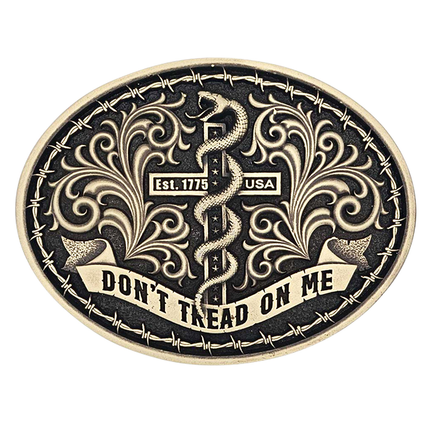 Attitude by Montana Silversmiths Antique Gold & Black Don't Tread on Me Barbed-Wire Snake Belt Buckle - Image 1
