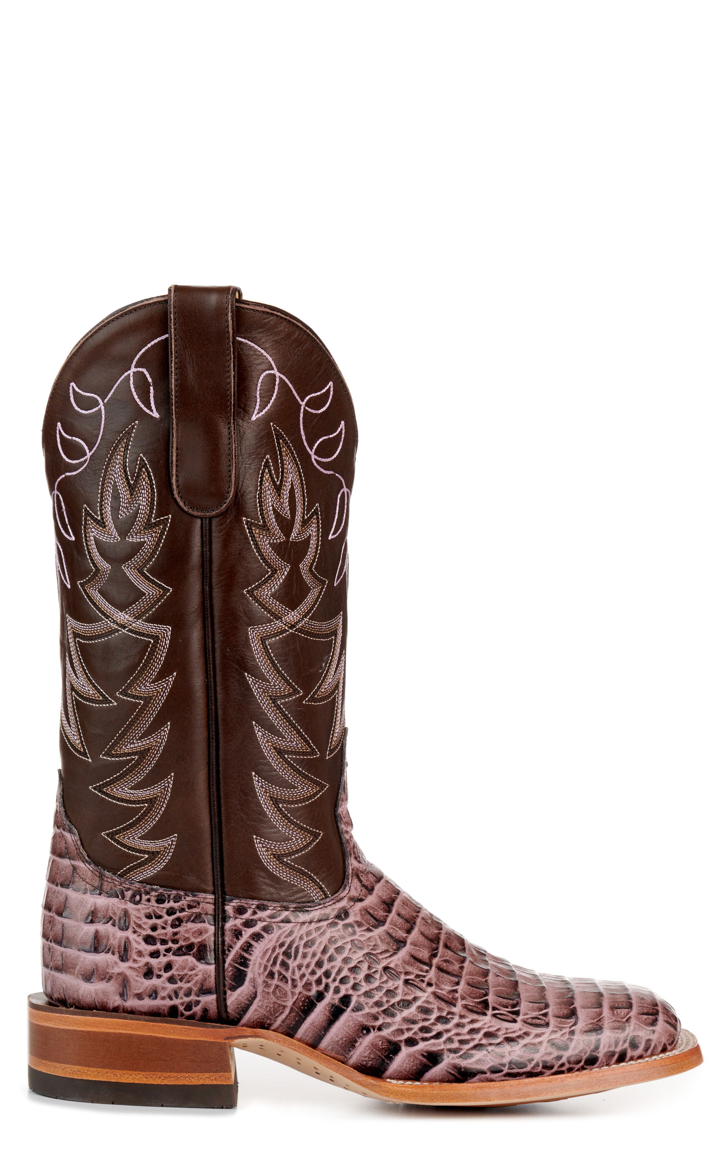 Cavender’s Women’s Endurance Chocolate and Pink Crocodile Print Wide Square Toe Cowboy Boots  - Image 1