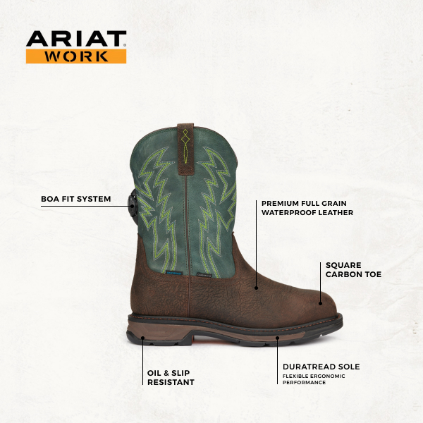 Ariat Men's WorkHog XT Brown and Dark Green BOA Fit Waterproof Square Carbon Toe Work Boots - Image 1