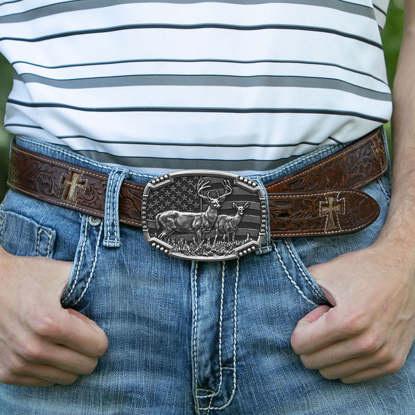 Montana Silversmith Attitude Silver Deer Flag Belt Buckle - Image 1