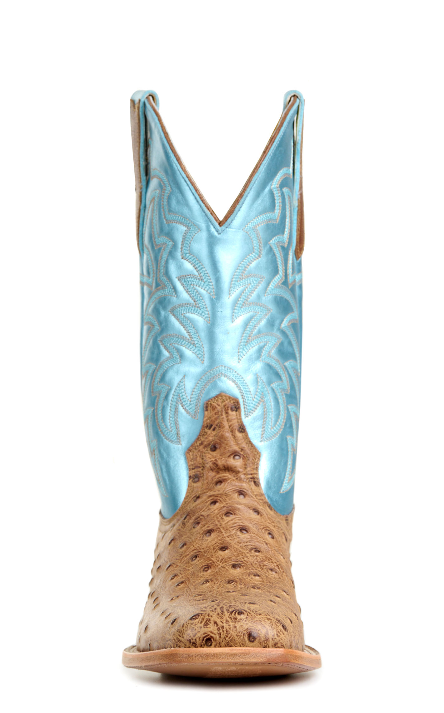 Cavender’s Women’s Endurance Saddle Tan Ostrich Print and Metallic Blue Wide Square Toe Cowboy Boots - Image 1