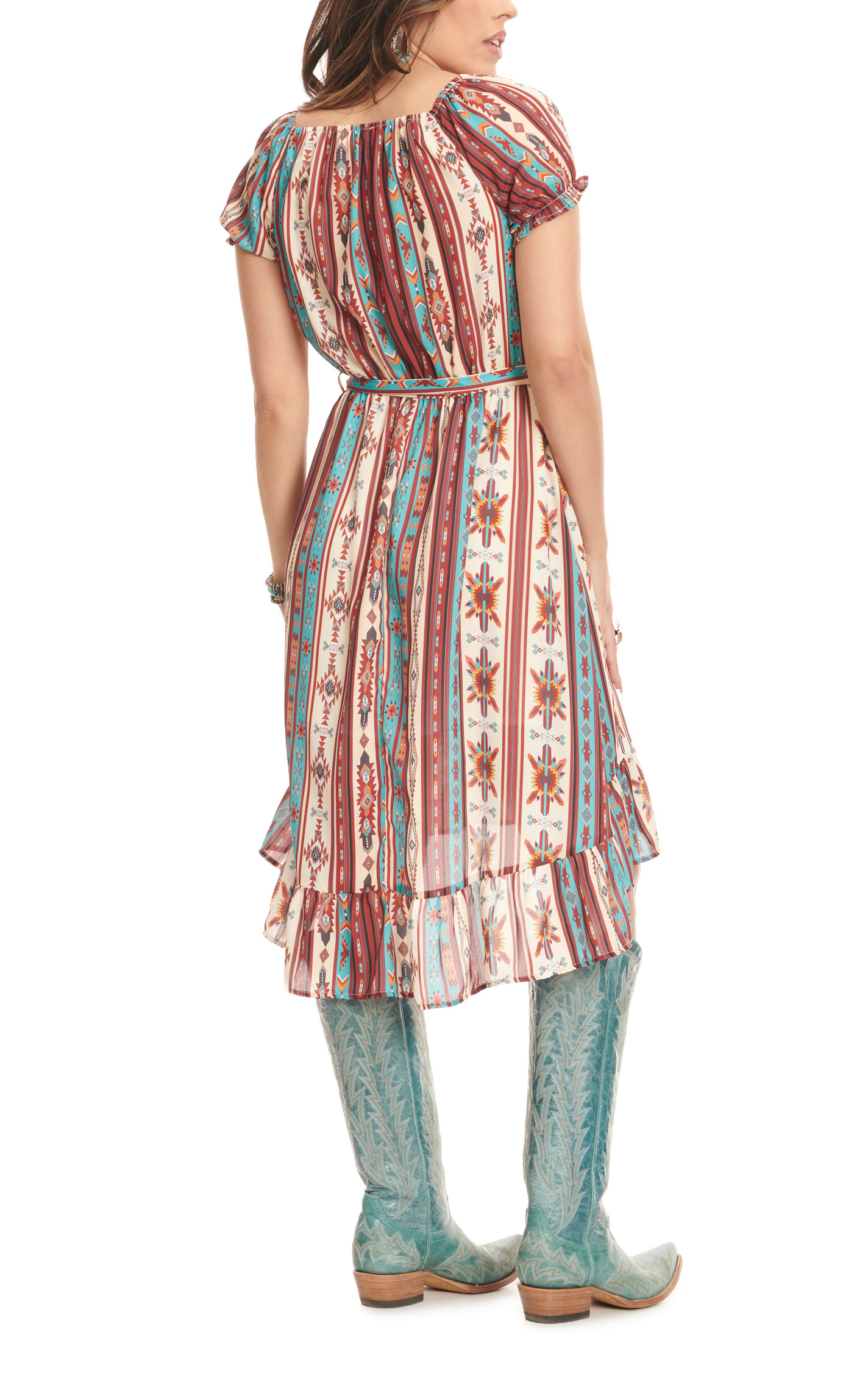 Cowgirl Legend Women's Cream Rust & Turquoise Aztec Stripe Short Puff Sleeve Hi-Lo Dress - Image 1