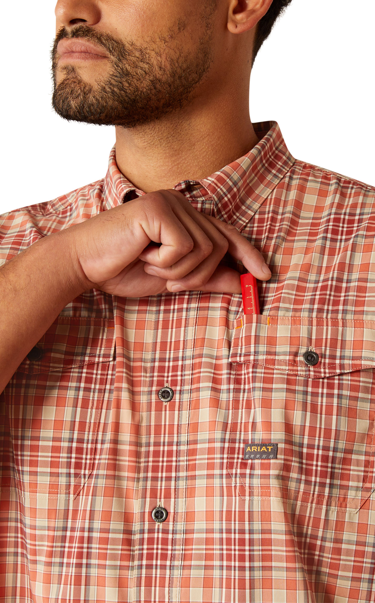 Ariat Men's Rebar VentTek Apricot Brandy Plaid Work Shirt - Image 5