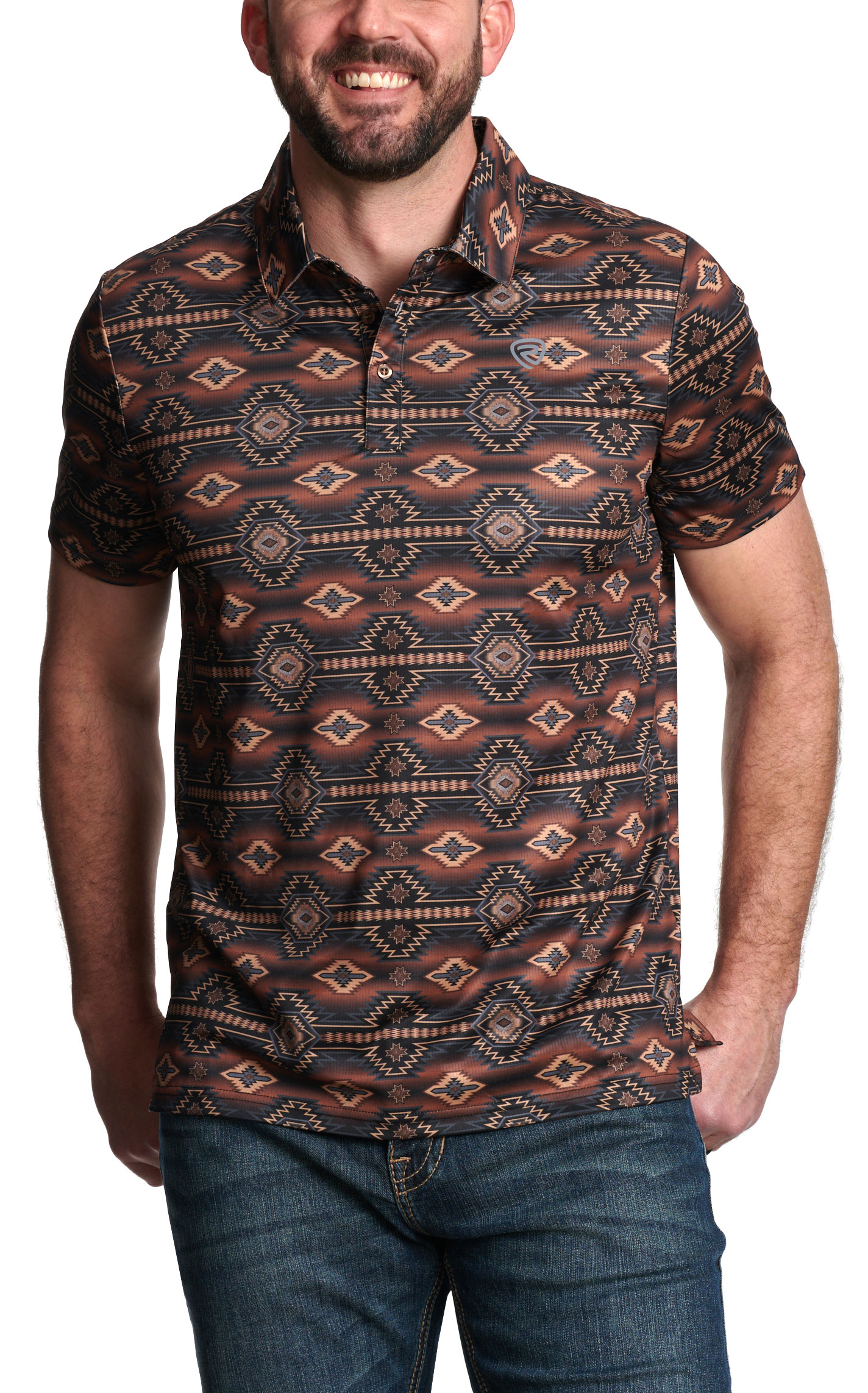 Rock & Roll Denim Men's Dark Coffee Aztec Print Polo - Image 1