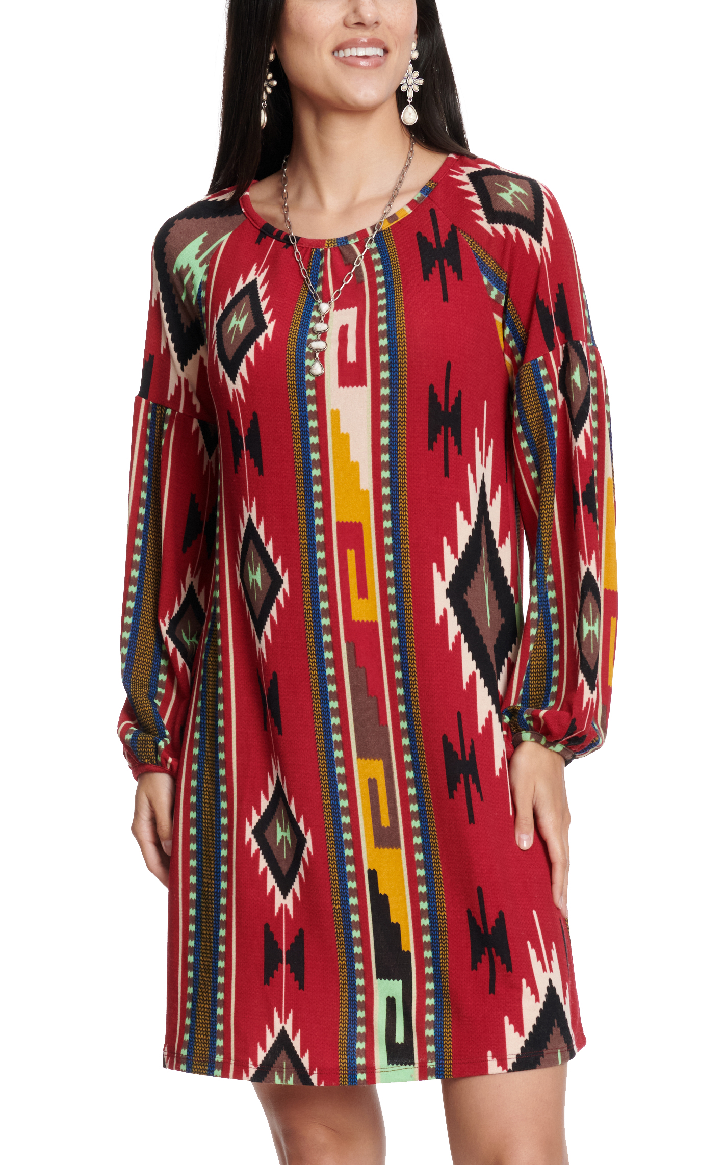 R.Rouge Women's Red Aztec Print Soft Sweater Dress - Image 1
