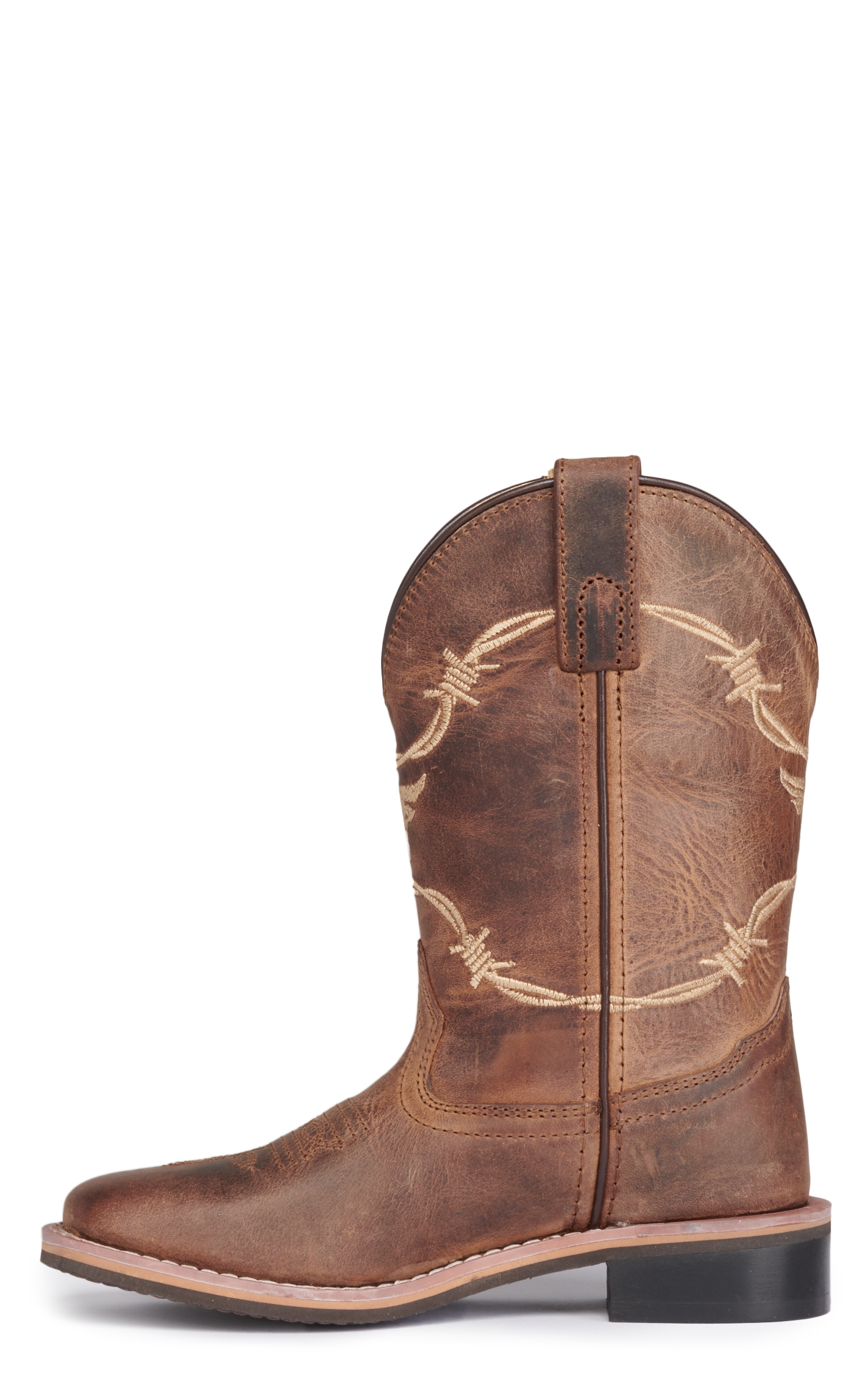 Smoky Mountain Kids Distressed Brown with Barbwire Embroidery Wide Square Toe Cowboy Boots - Image 1
