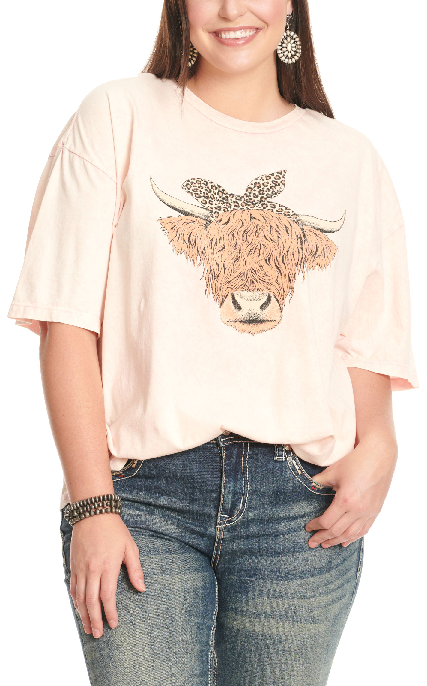 Lotus Fashion Women's Pale Pink & Highlander Cow Graphic T-Shirt - Plus Sizes - Image 1