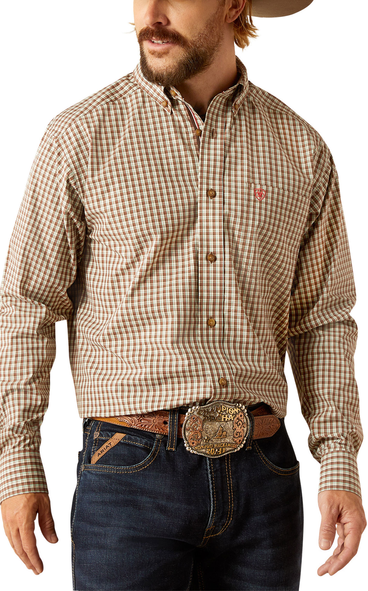 Ariat Men's Pro Series Cassius Chocolate & Mint Plaid Western Shirt - Image 1