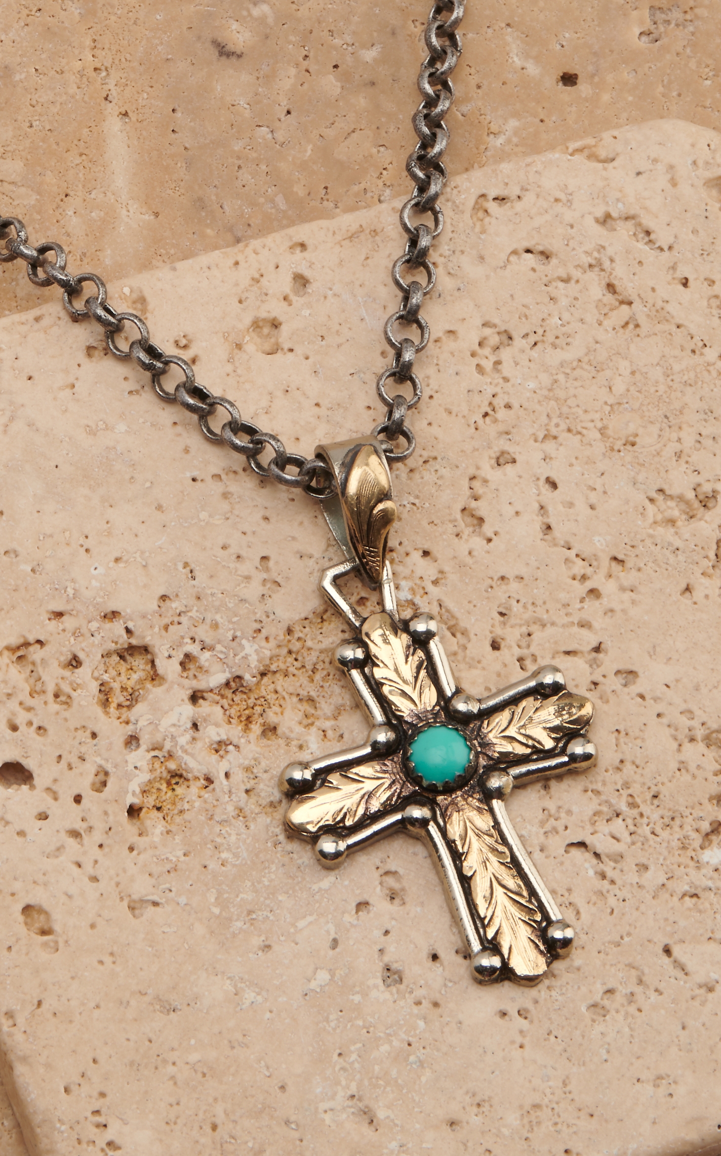 Montana Silversmith Men's Center of Faith Silver and Gold with Turquoise Cross Pendant Necklace - Image 1