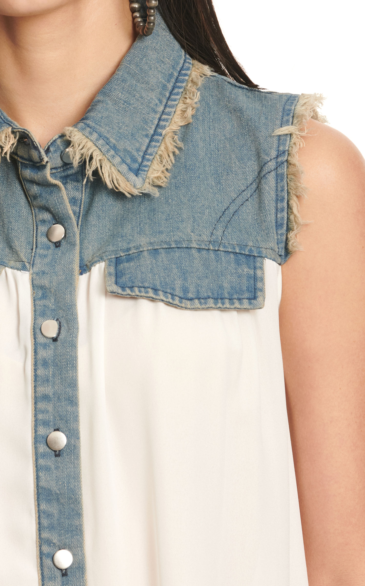 Cowgirl Hardware Women's White & Denim Frayed Sleeveless Top  - Image 1