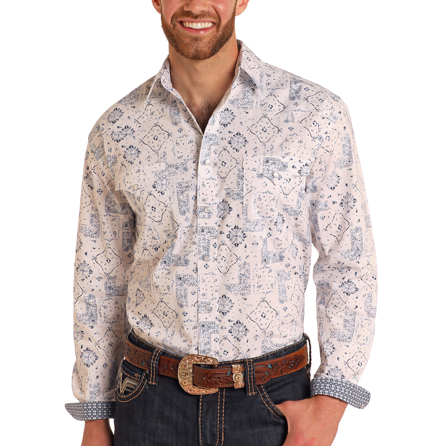Panhandle Men's Rough Stock White Bandana Western Shirt - Image 1