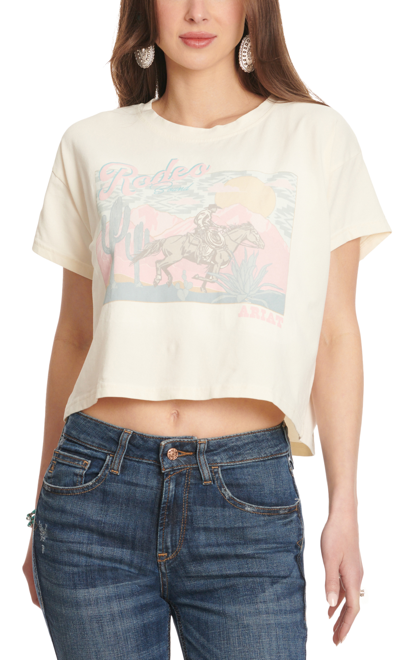 Ariat R.E.A.L. Women's Cream, Gray & Pink Desert Logo Graphic Short Sleeve Boxy Crop T-Shirt - Image 1