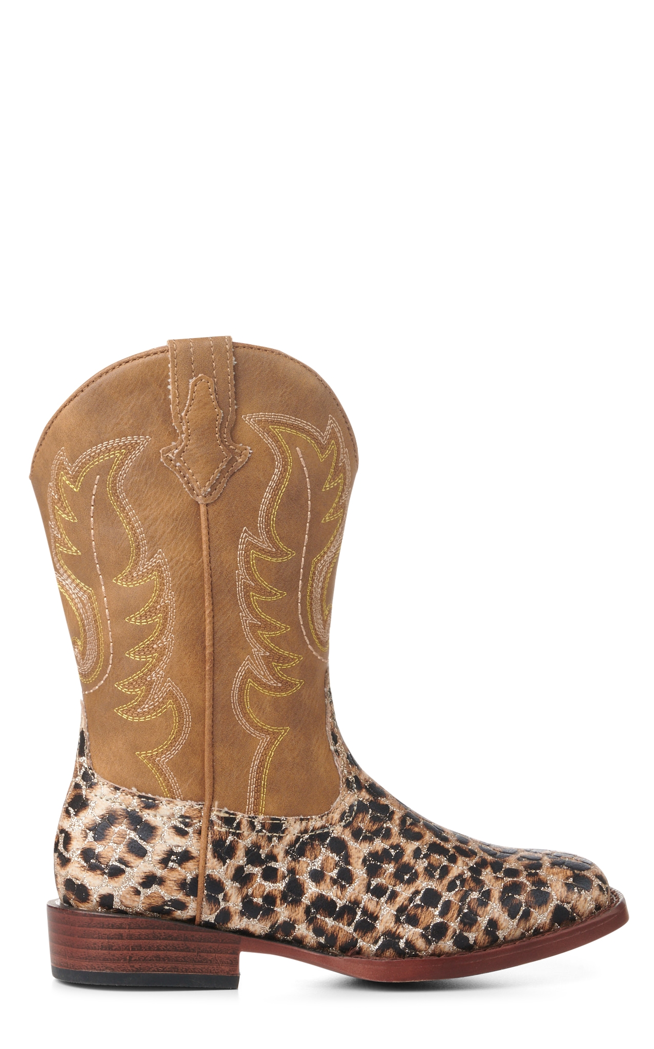 Roper Girl's Brown and Leopard with Gold Glitter Wide Square Toe Cowboy Boots - Image 1