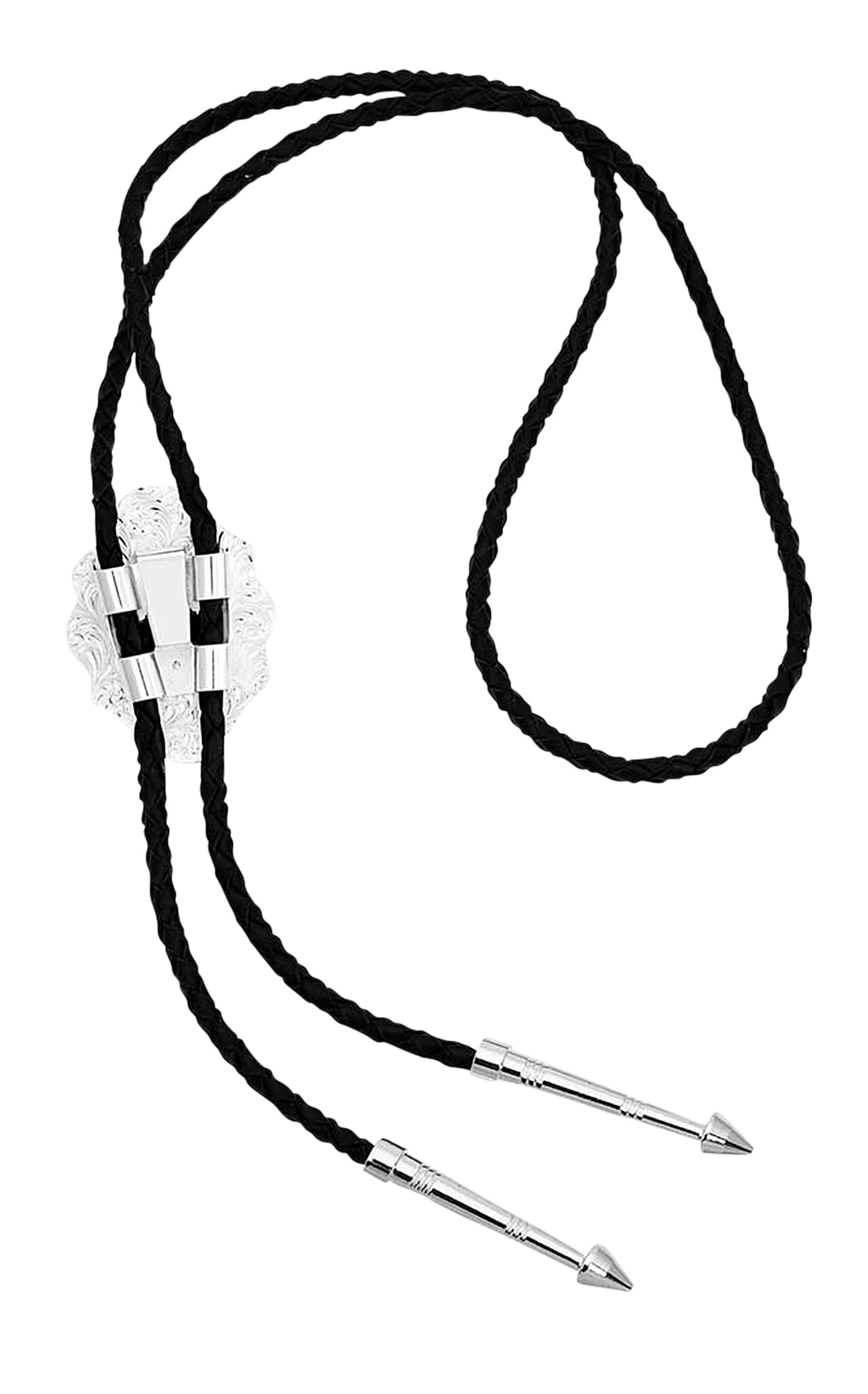 Montana Silversmiths Silver Etched Aztec Turquoise Black Leather Bolo Tie  - Image 1