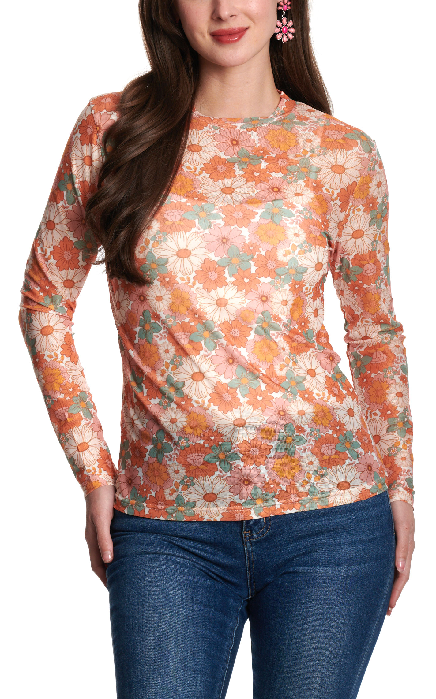 Merigold Kiss Women’s Multicolor Retro Floral Mesh Shirt - Image 1