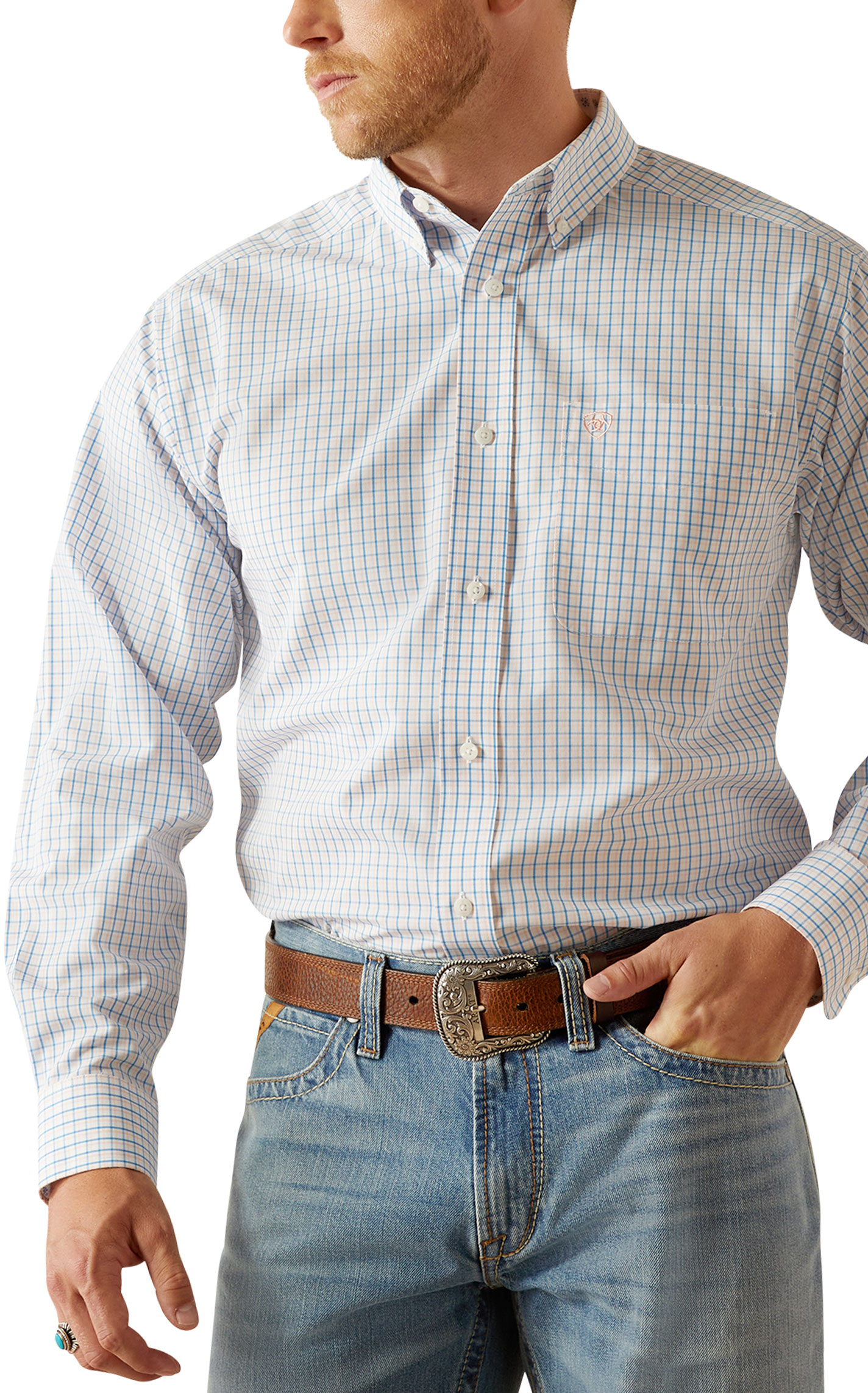 Ariat Men's Alan Blue Peach & White Plaid Western Shirt - Image 1