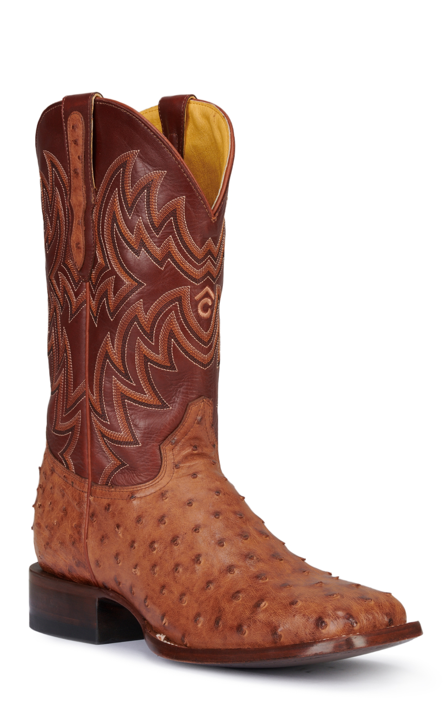 Cavender's Men's Orange and Cognac Full Quill Ostrich Rafter C Wide Square Toe Exotic Cowboy Boots - Image 1