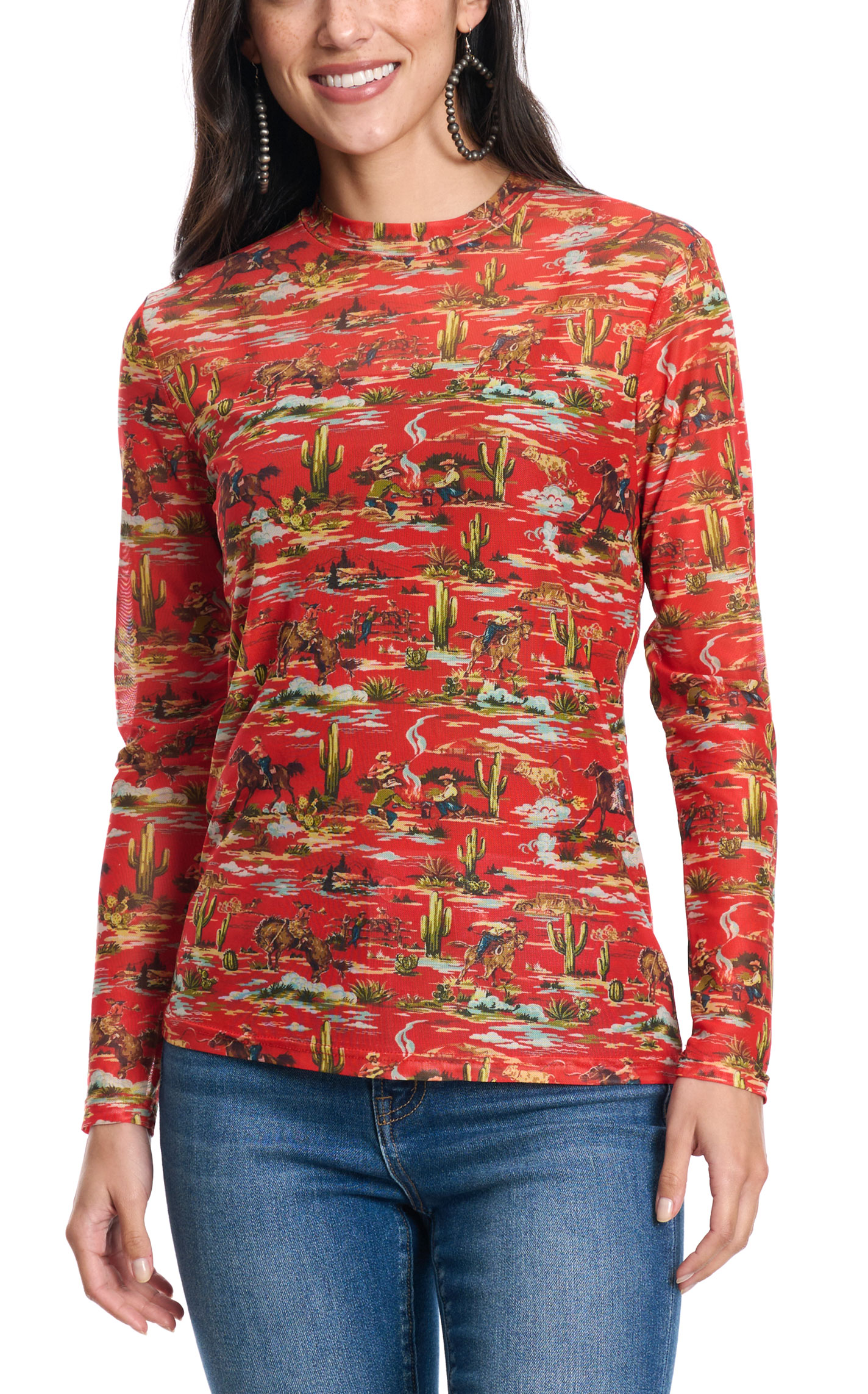 Turquoise Haven Women's Red Western Fine Mesh Top - Plus Sizes - Image 1