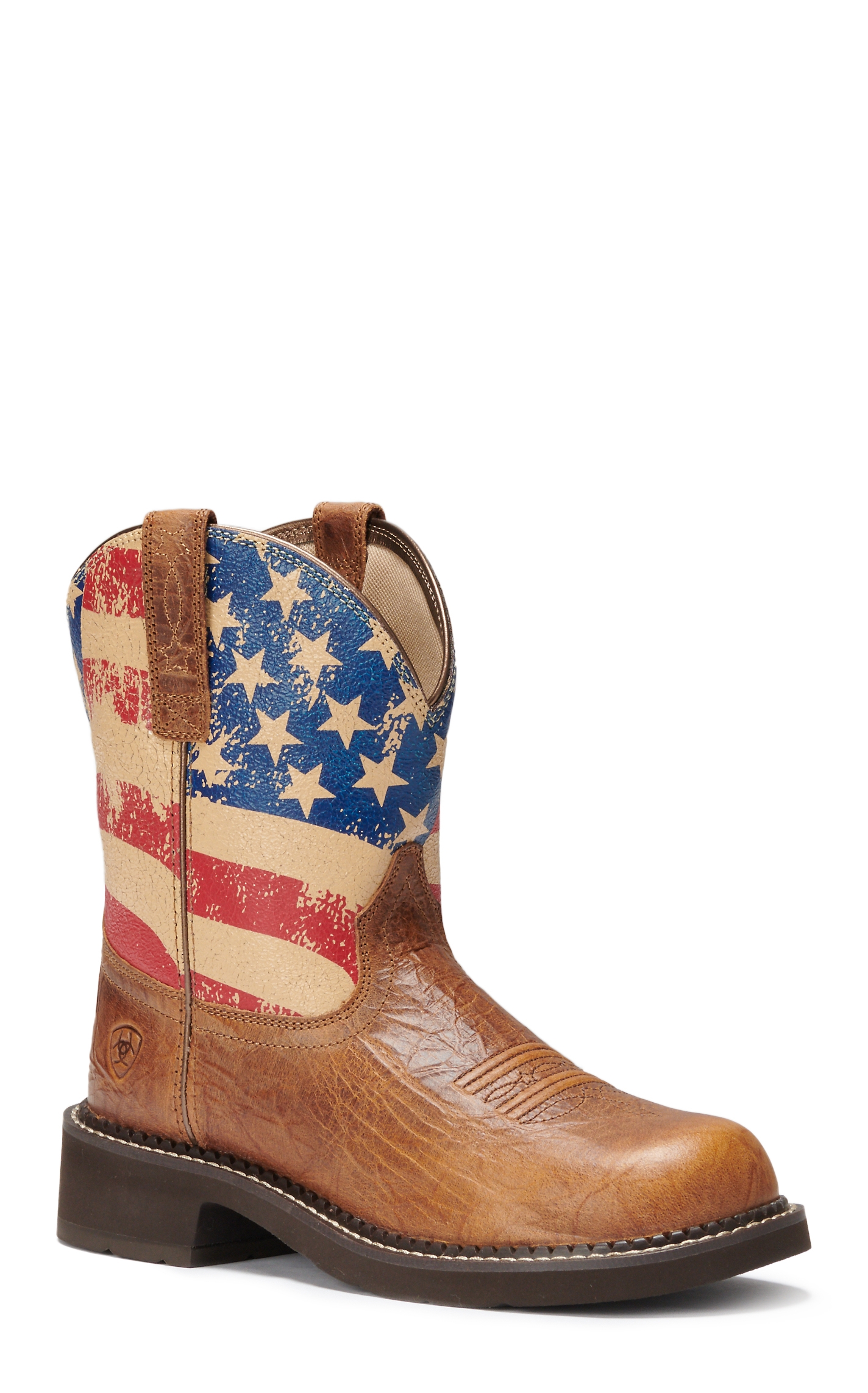 Ariat Women's Fatbaby Heritage Patriot Crackled Tumeric Brown with Splattered Flag Print Round Toe Cowboy Boots - Image 1