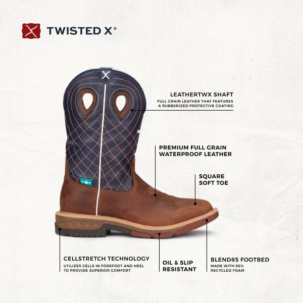 Twisted X Men's Brown and Navy with Cross Embroidery CellStretch Square Toe Work Boot - Image 1
