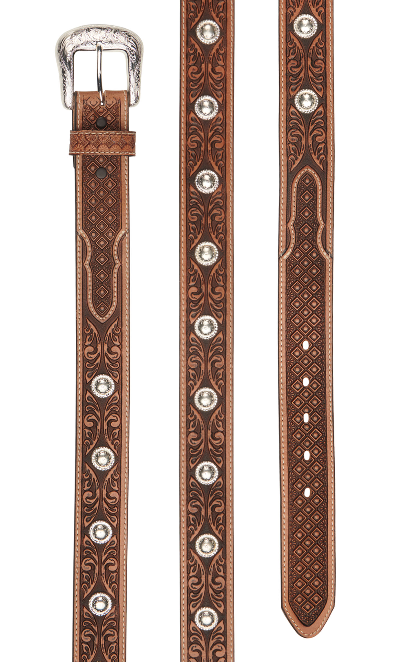 Tony Lama Men's Dark Brown Tan Vines & Diamonds Silver Button Accent Western Belt - Image 2