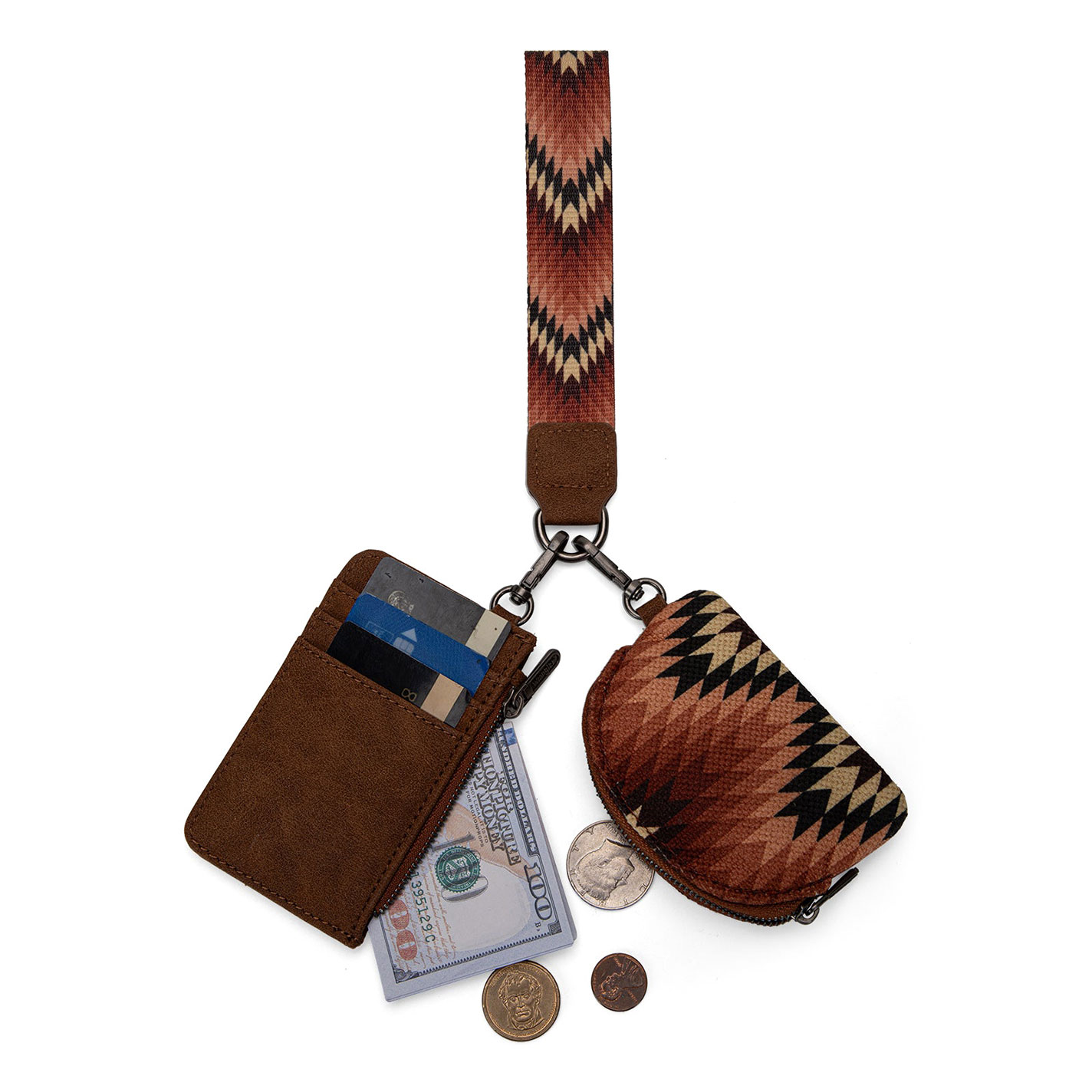 Wrangler Brown and Multi-Color Ikat Wristlet Card Holder and Change Pouch Set - Image 1