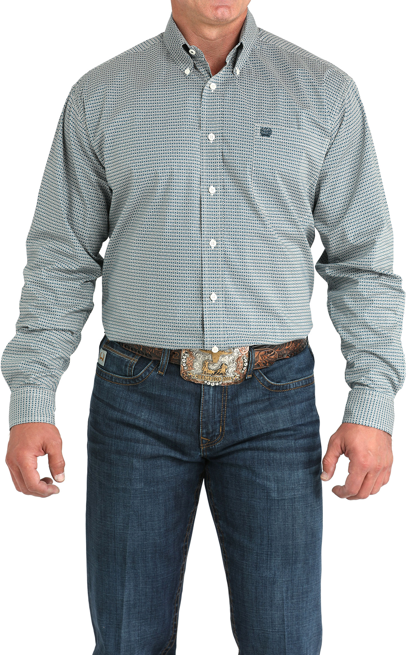 Cinch Men's Teal & White Stretch Geo Print Western Shirt - Image 1