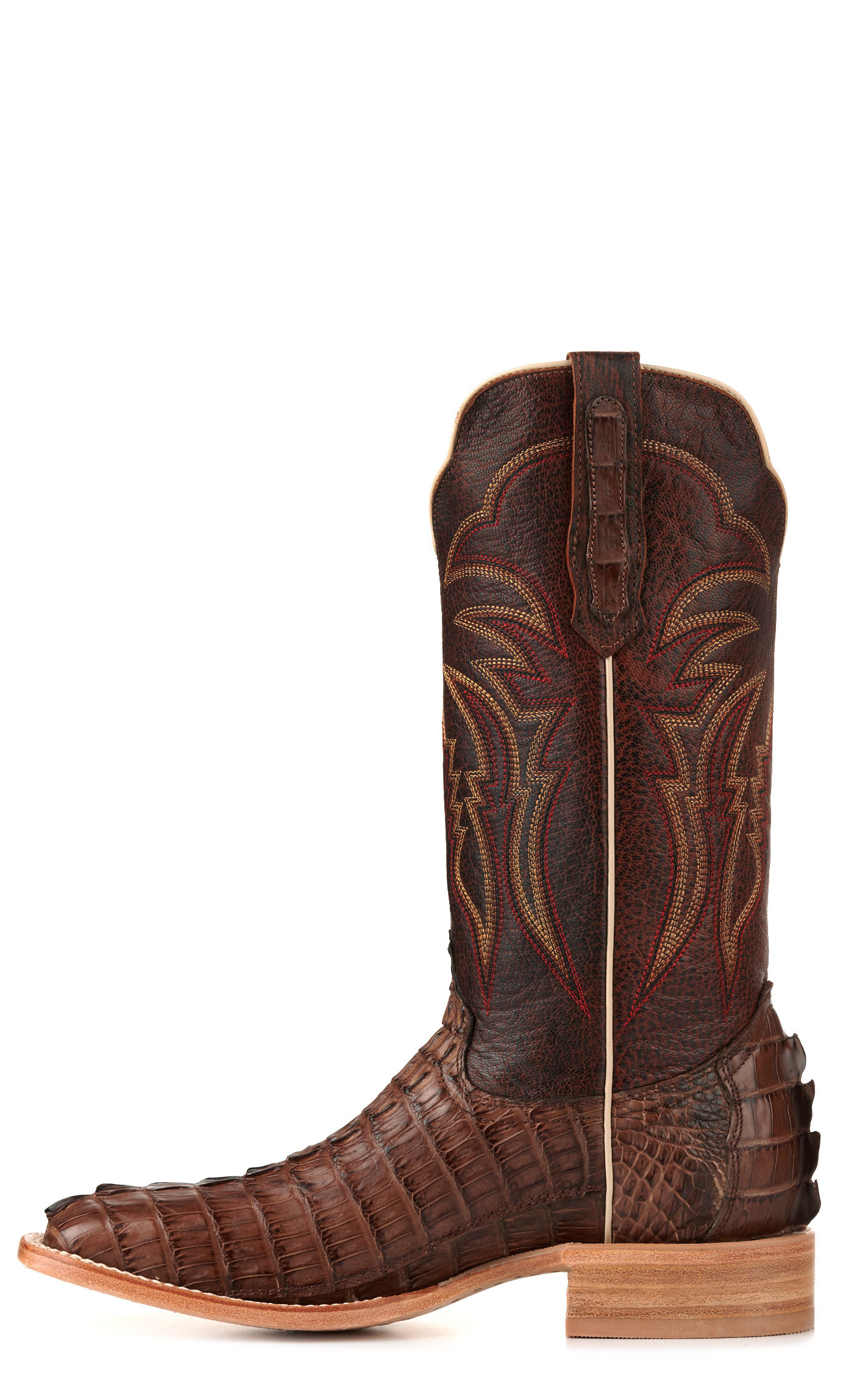 R. Watson Men's Kango Tobac Hornback Caiman Tail and Cognac Wide Square Toe Exotic Cowboy Boots - Image 1