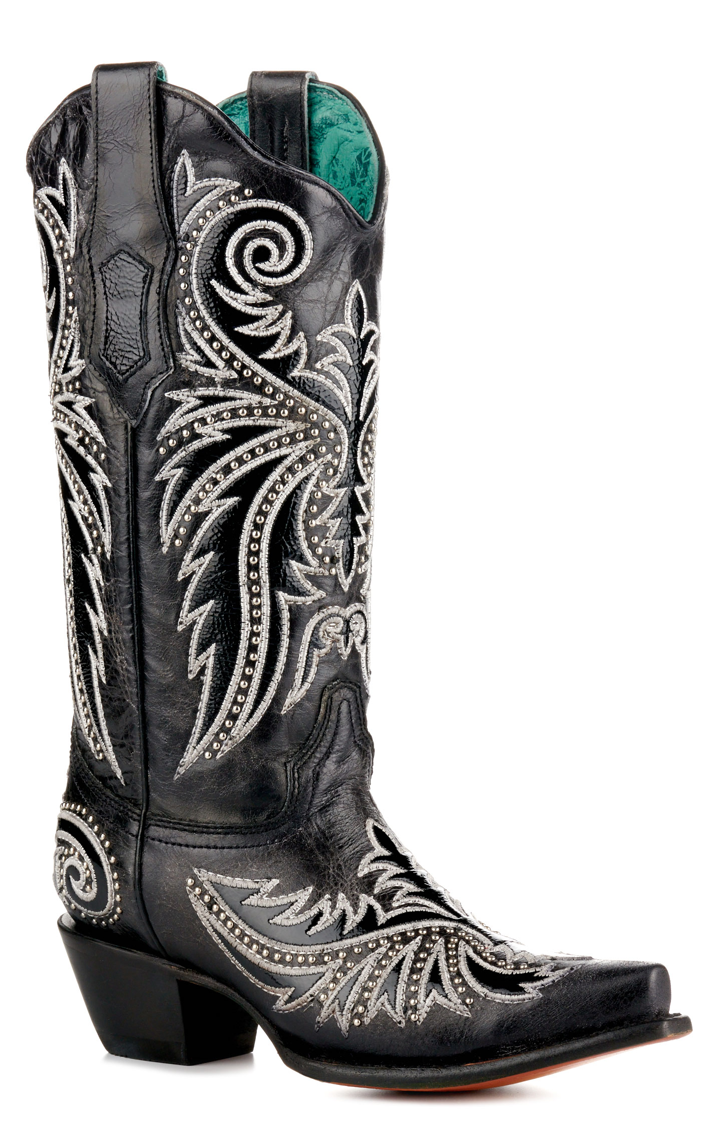 Corral Women's Distressed Black with White Embroidery and Studs Snip Toe Cowboy Boots - Image 1