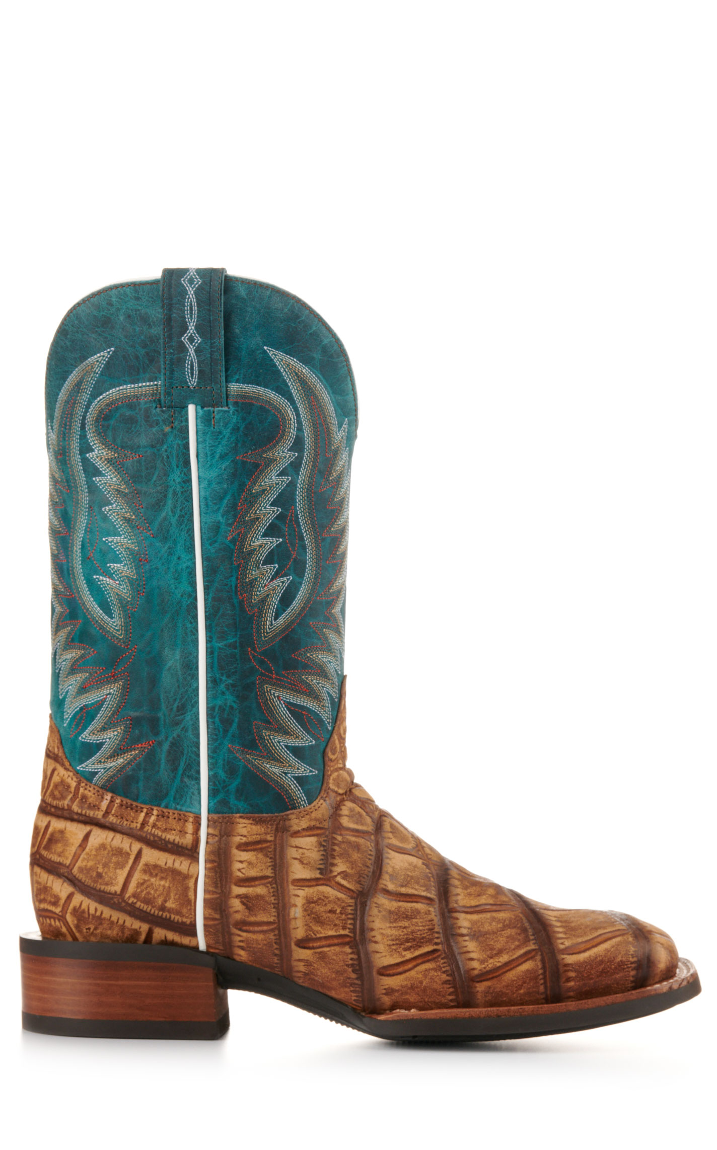 Cavender's Men's Intrepid Turquoise and Rustic Tan Alligator Print Wide Square Toe Cowboy Boot - Image 1