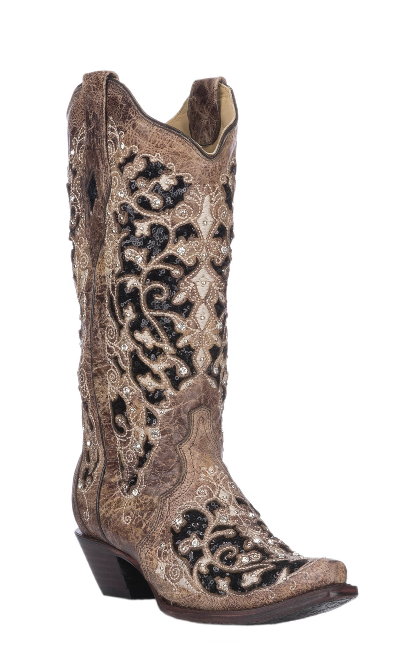 Corral Women's Brown & Black Sequin Inlay with Embroidery & Studs Cowboy Snip Toe Boots - Image 1