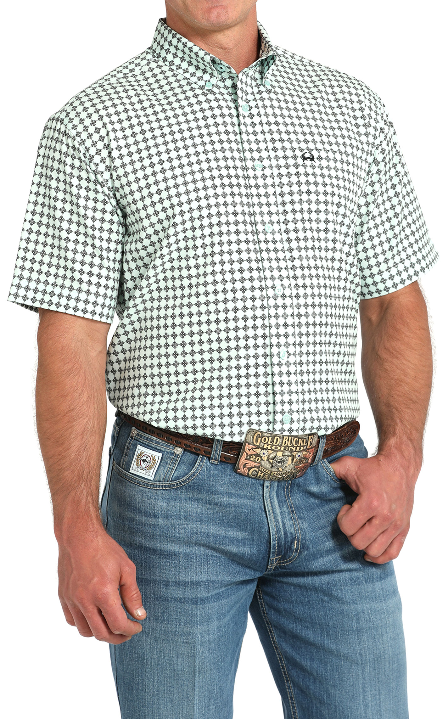 Cinch Men's ArenaFlex Light Blue Geo Print Button Down Shirt - Image 1