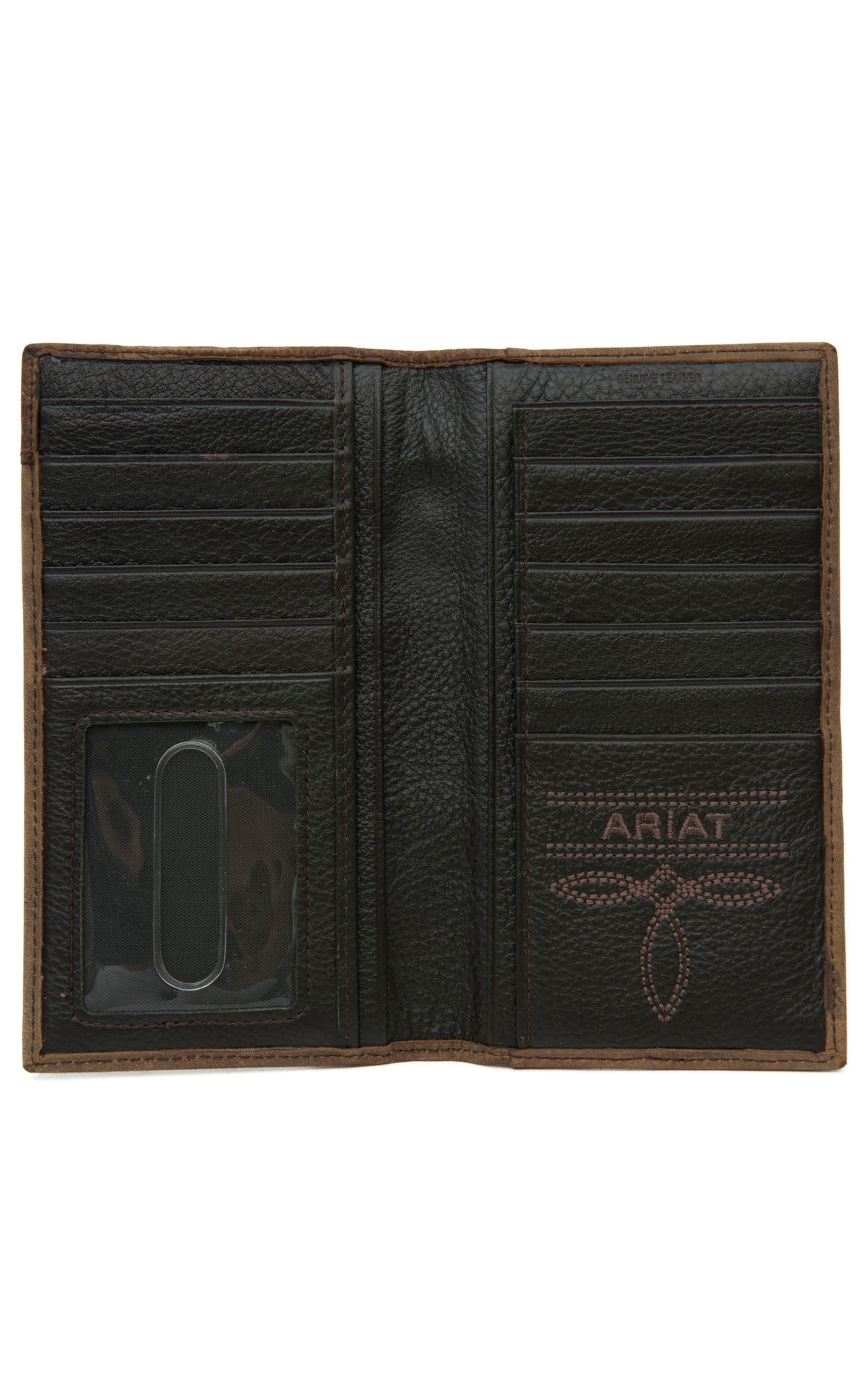 Ariat Distressed Brown with Dark Brown Perforated Overlay with Shield Leather Checkbook / Rodeo Wallet - Image 1