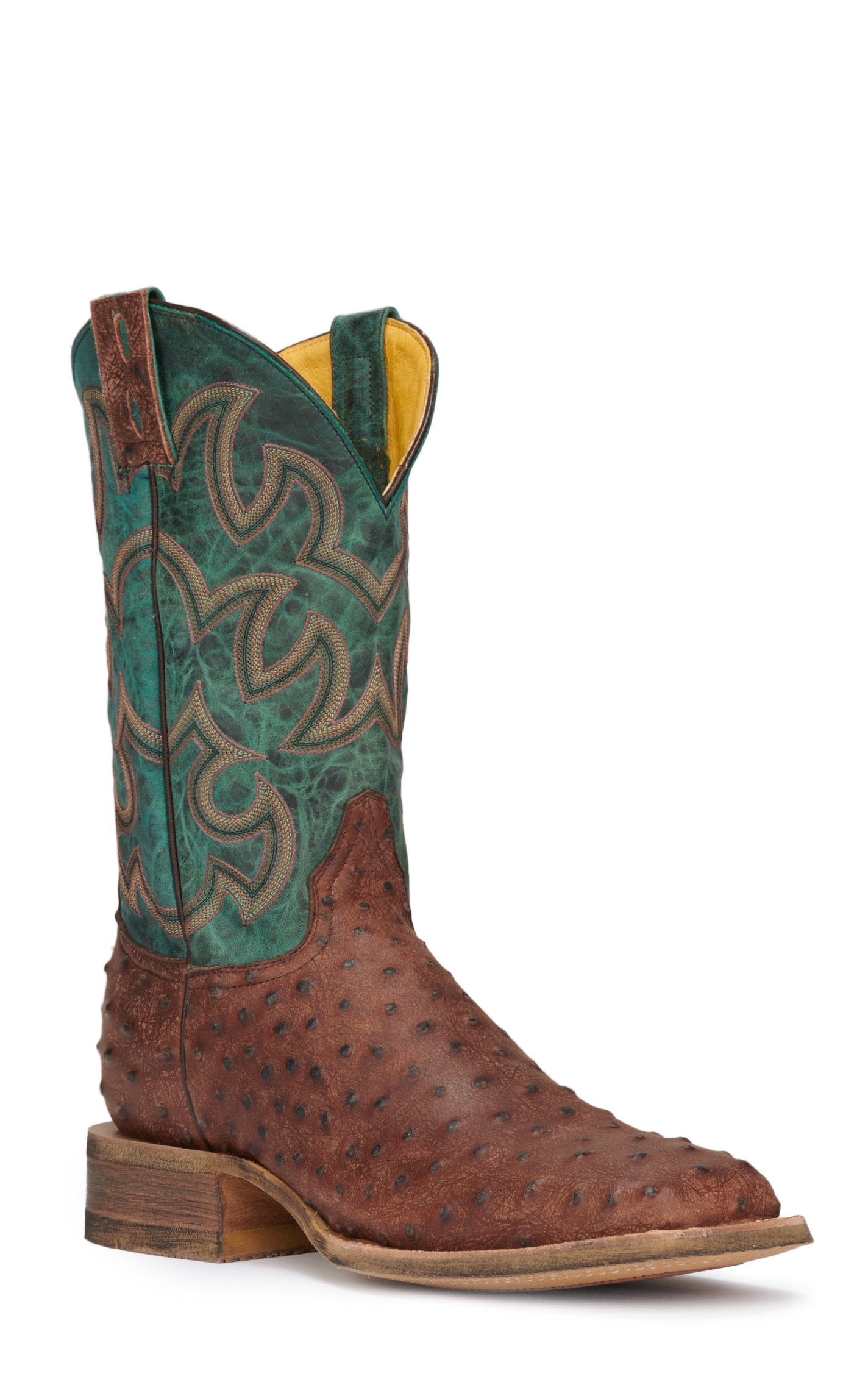 Cavender's Men's Rustic Chocolate & Turquoise Ostrich Print Wide Square Toe Cowboy Boots - Image 1