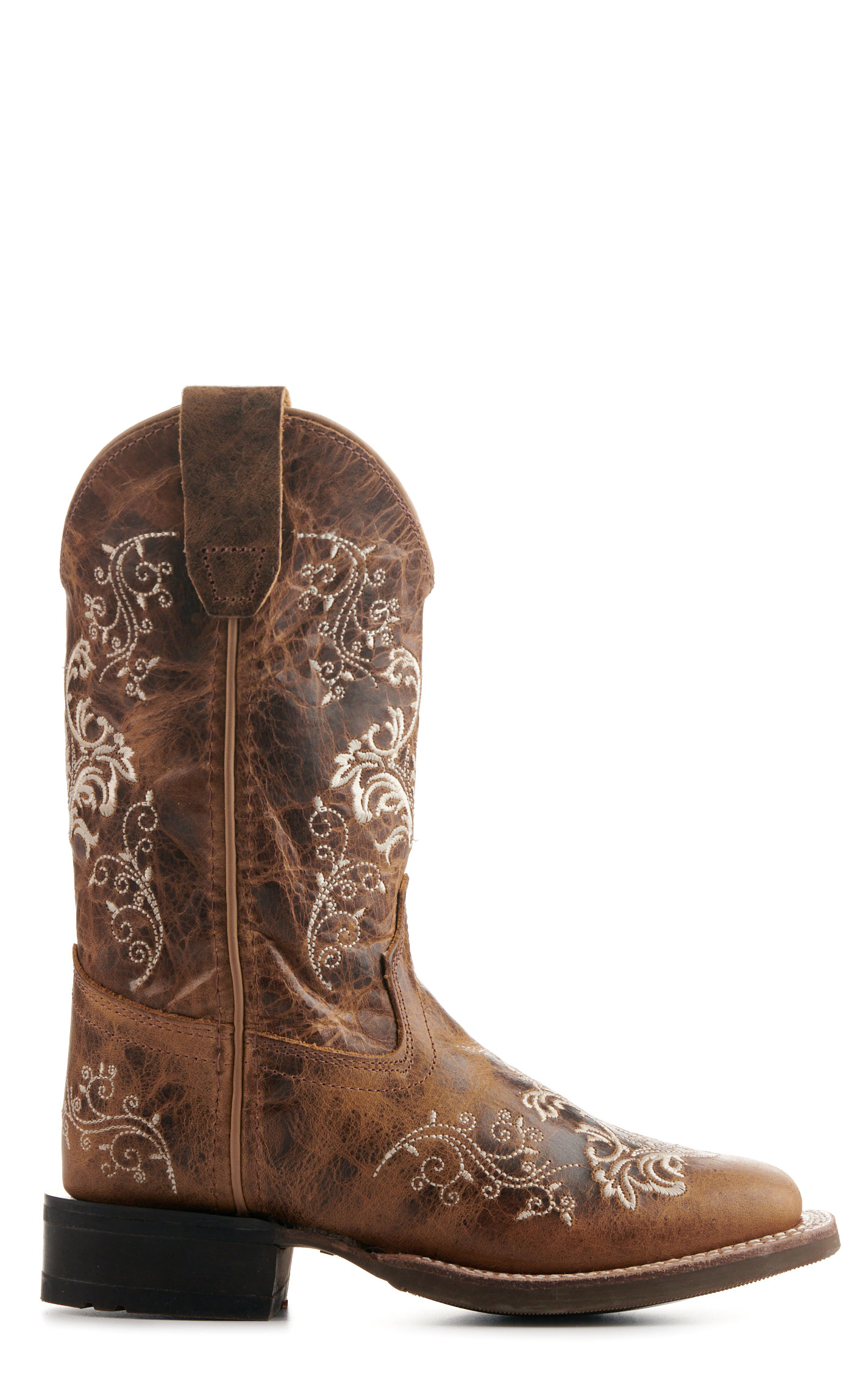 Old West Youth Burnt Tan with Cream Embroidery Wide Square Toe Cowboy Boots - Image 1