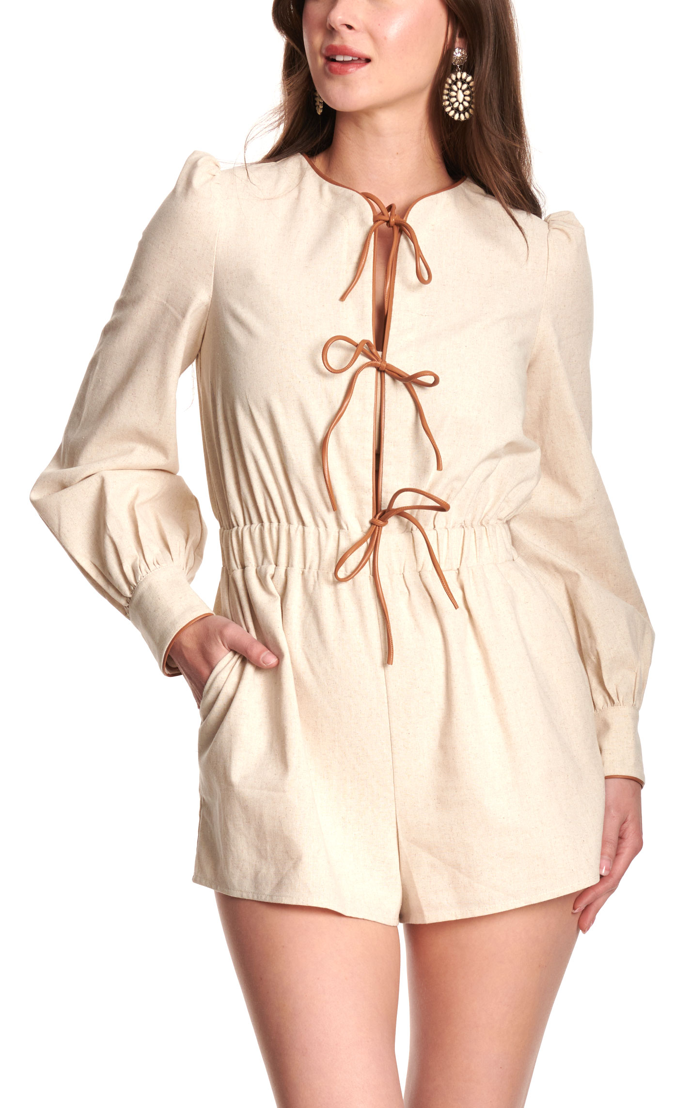 Endless Blu Women’s Cream Tie-Front Puff Sleeve Romper - Image 1