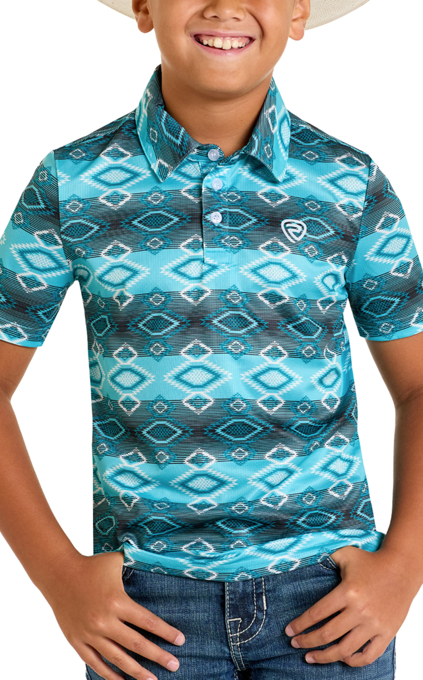 Rock & Roll Denim Boy's Turquoise & Black Aztec Polo Shirt - Image 1