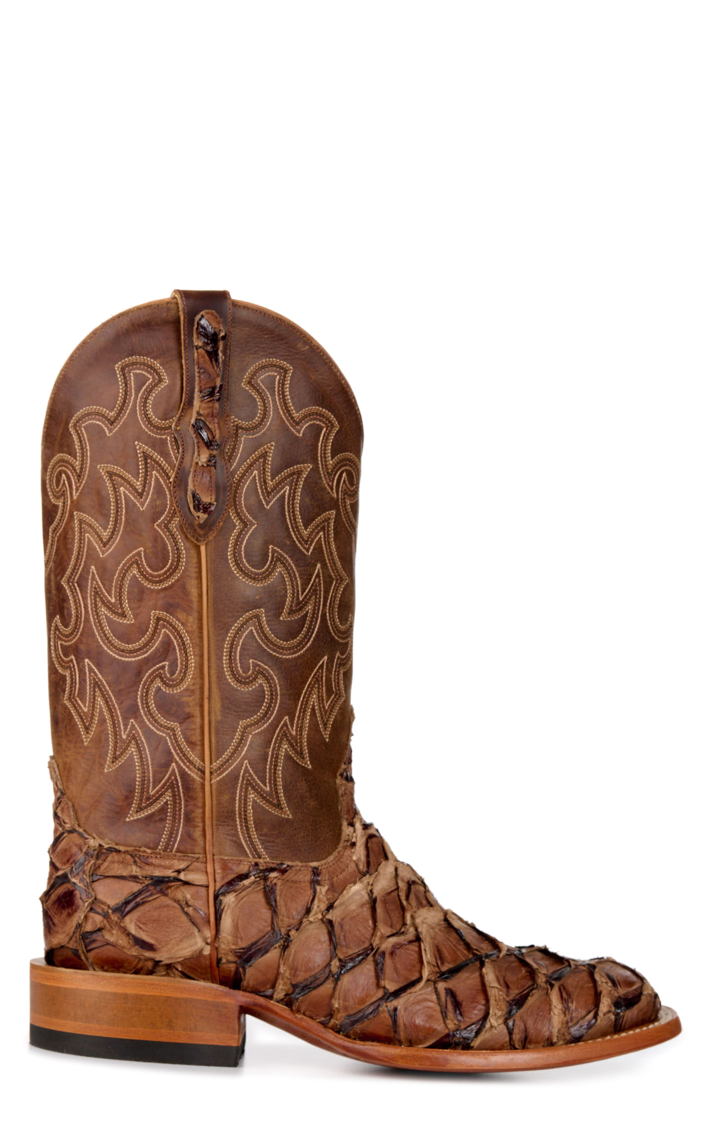 Cavender's Men's Mahogany Pirarucu & Brown Wide Square Toe Cowboy Boots - Image 1