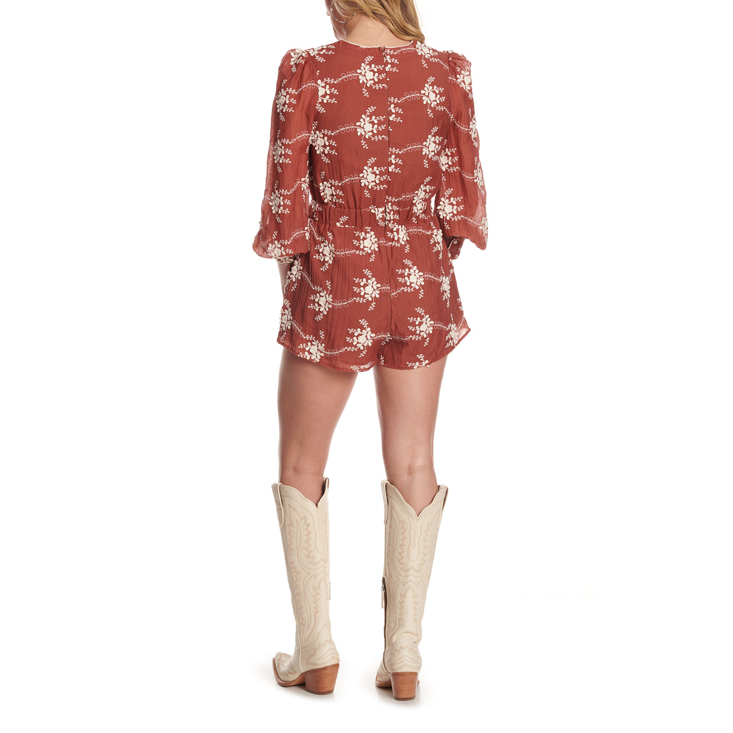 Endless Blu Rust Embroidered Tie Front Romper - Image 1