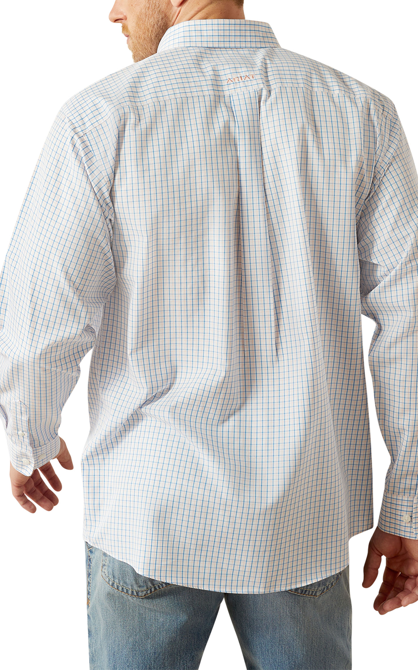 Ariat Men's Alan Blue Peach & White Plaid Western Shirt - Image 1