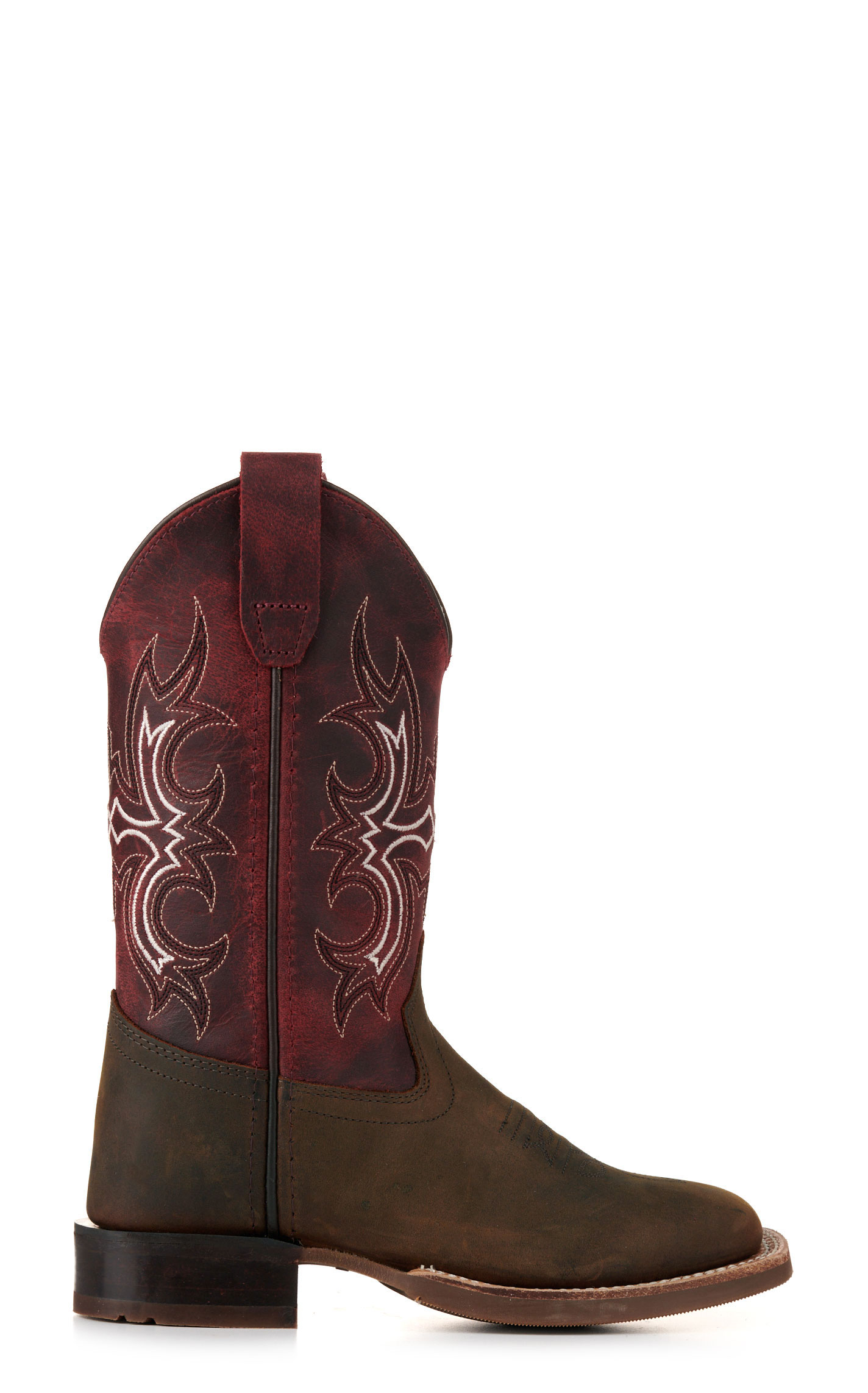 Old West Kids Brown and Burgundy Wide Square Toe Cowboy Boots - Image 1