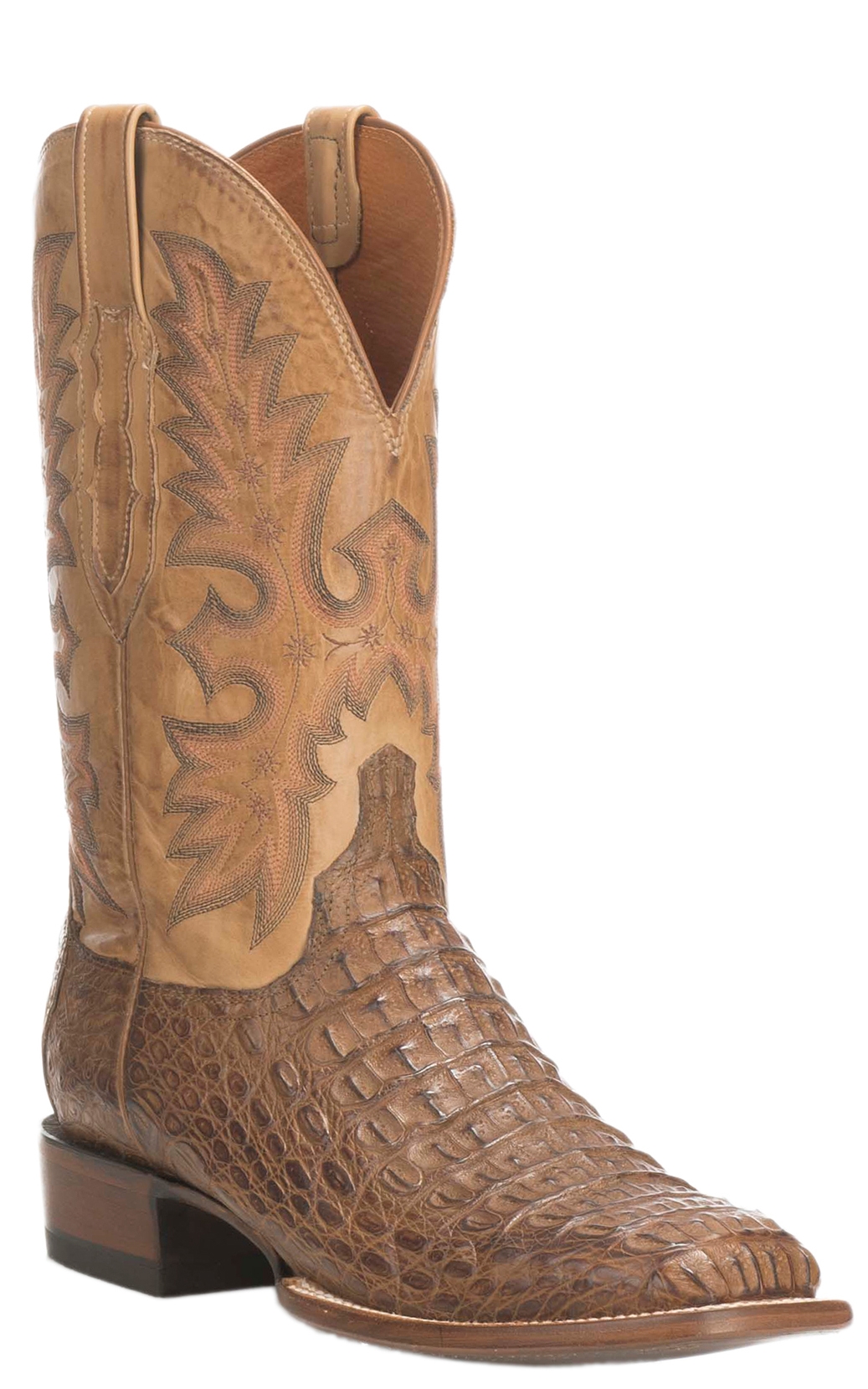 Lucchese Men's Tan Burnish Hornback Caiman Wide Square Toe Exotic Cowboy Boots - Image 1