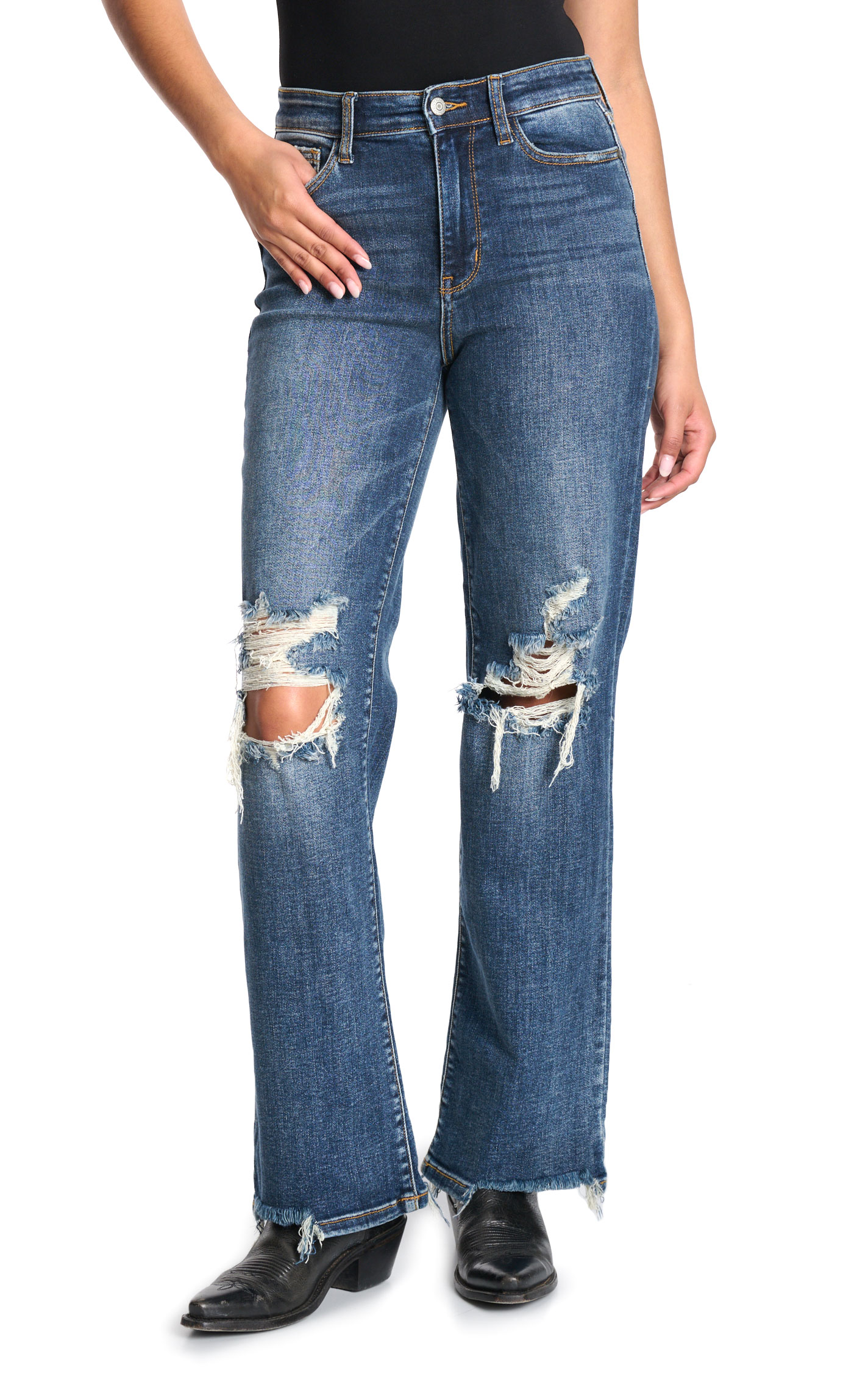 Judy Blue Women's Dark Distressed 90's Knees Straight Jeans - Plus Sizes - Image 1