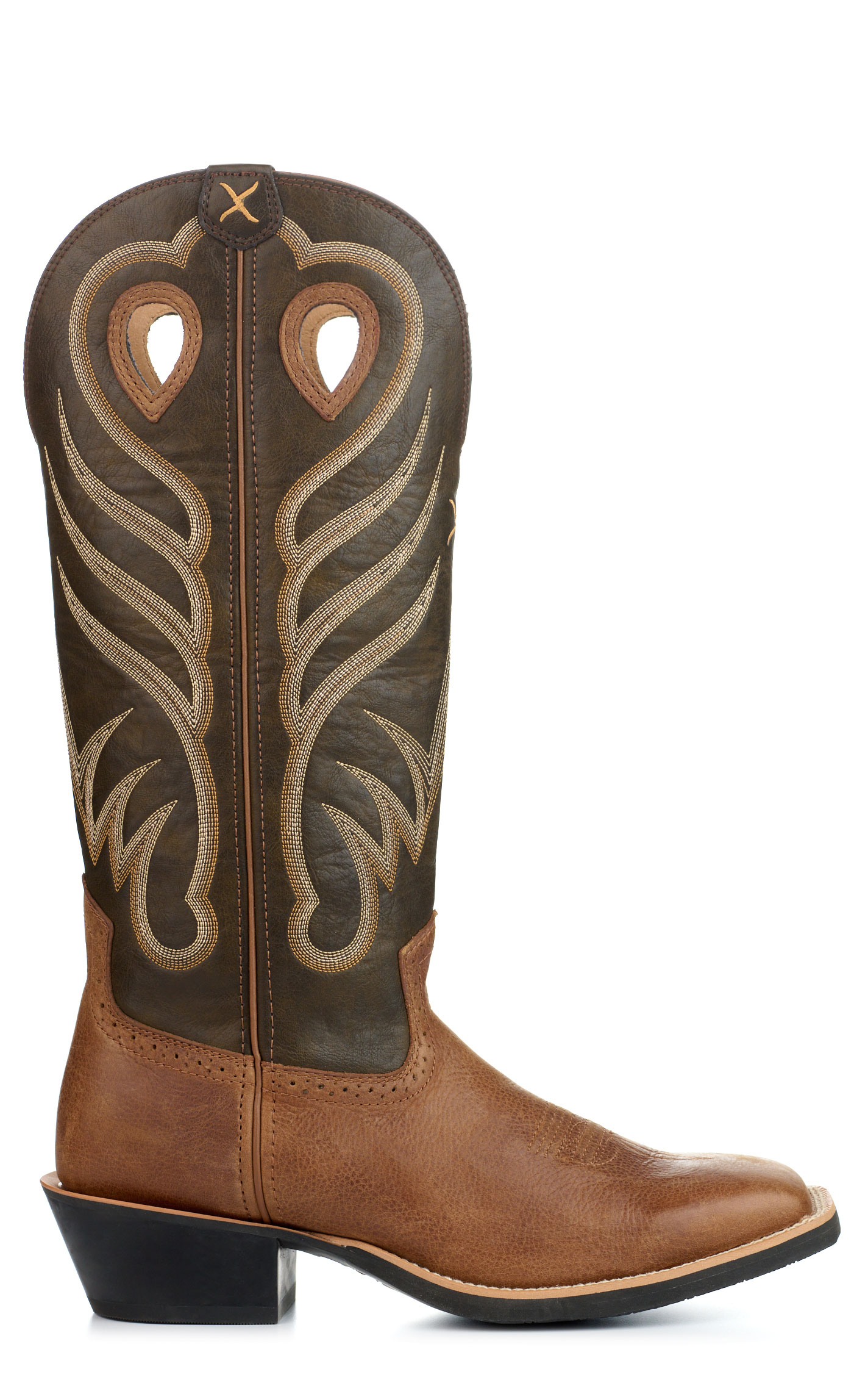 Twisted X Men's Burnt Olive and Buff Tan Wide Square Toe Buckaroo Cowboy Boots - Image 1